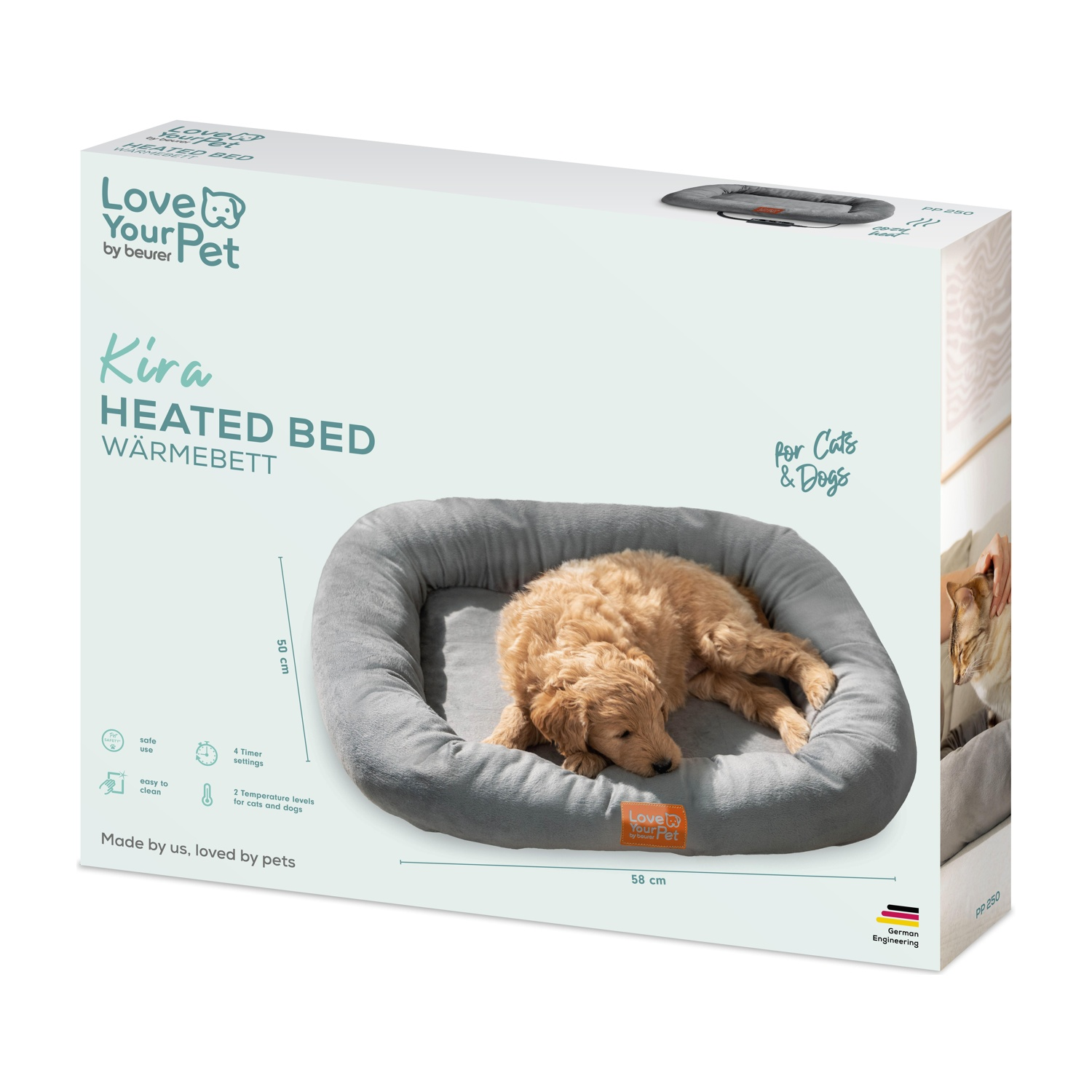 Una scatola per lettino per cani. La scatola mostra un cucciolo sdraiato su un letto grigio. Il testo dice 'Love Your Pet' e 'Heated Bed'.