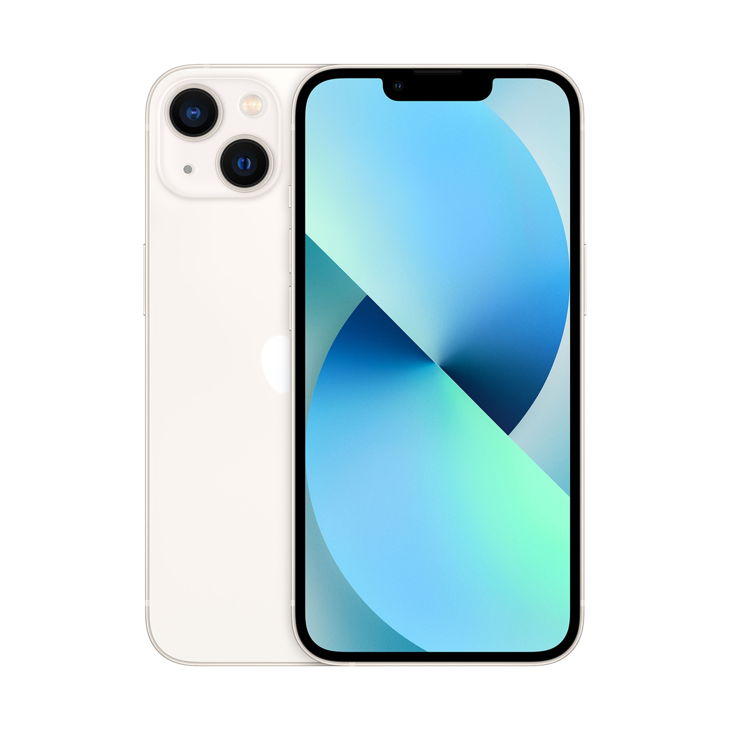 Un iPhone 13 bianco, che mostra la parte anteriore e posteriore. Lo schermo mostra un'immagine astratta blu e bianca. Il telefono ha tre fotocamere.