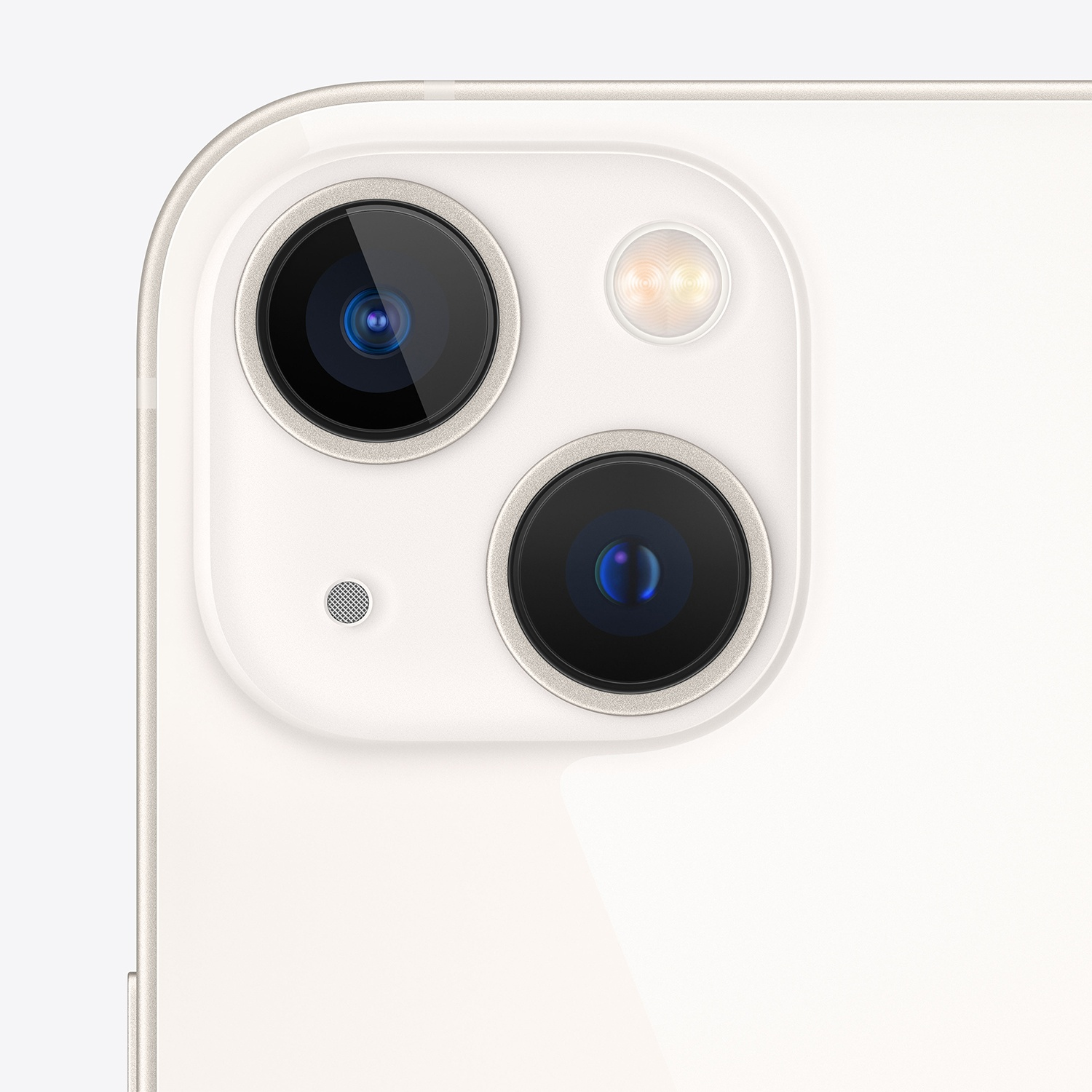 Primo piano del modulo fotocamera di un telefono. Presenta due obiettivi, un flash e un piccolo microfono su una superficie bianca, leggermente biancastra.