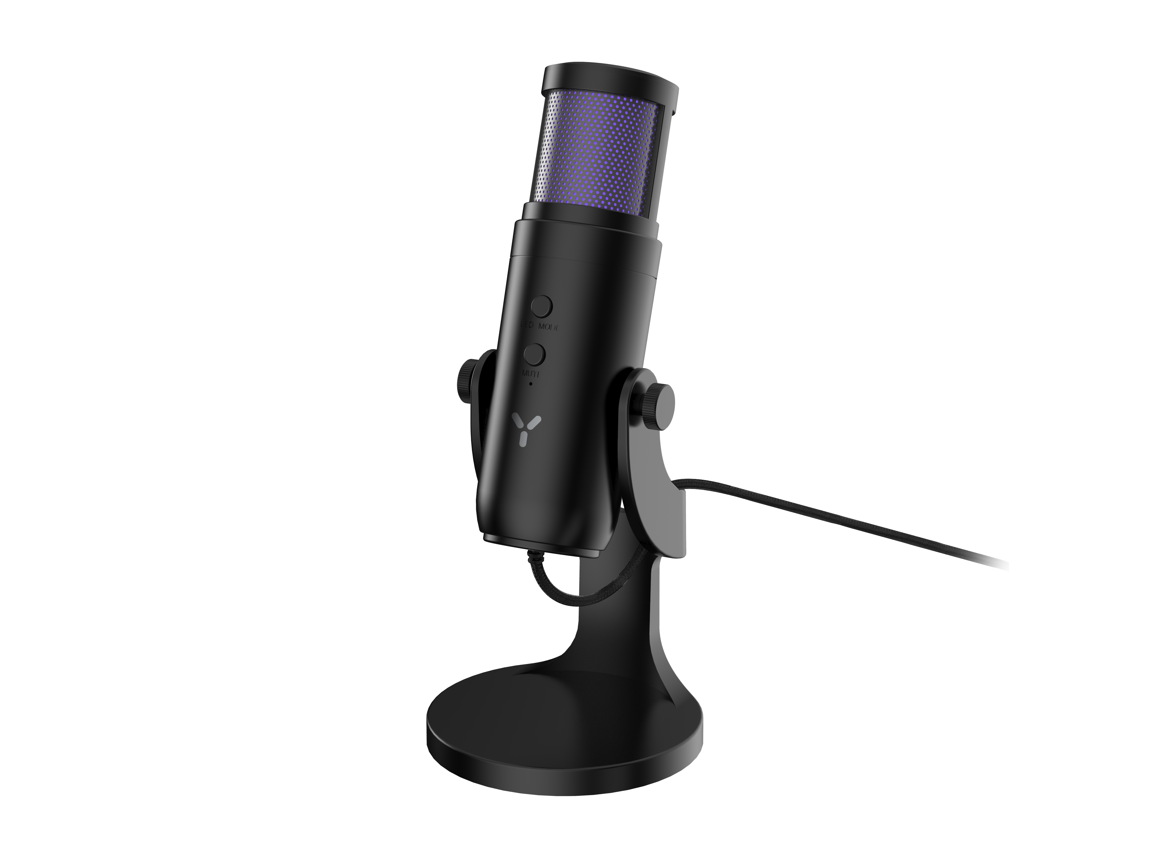 Czarny mikrofon z fioletową siatką na górze, na czarnym stojaku, na czarnym tle.