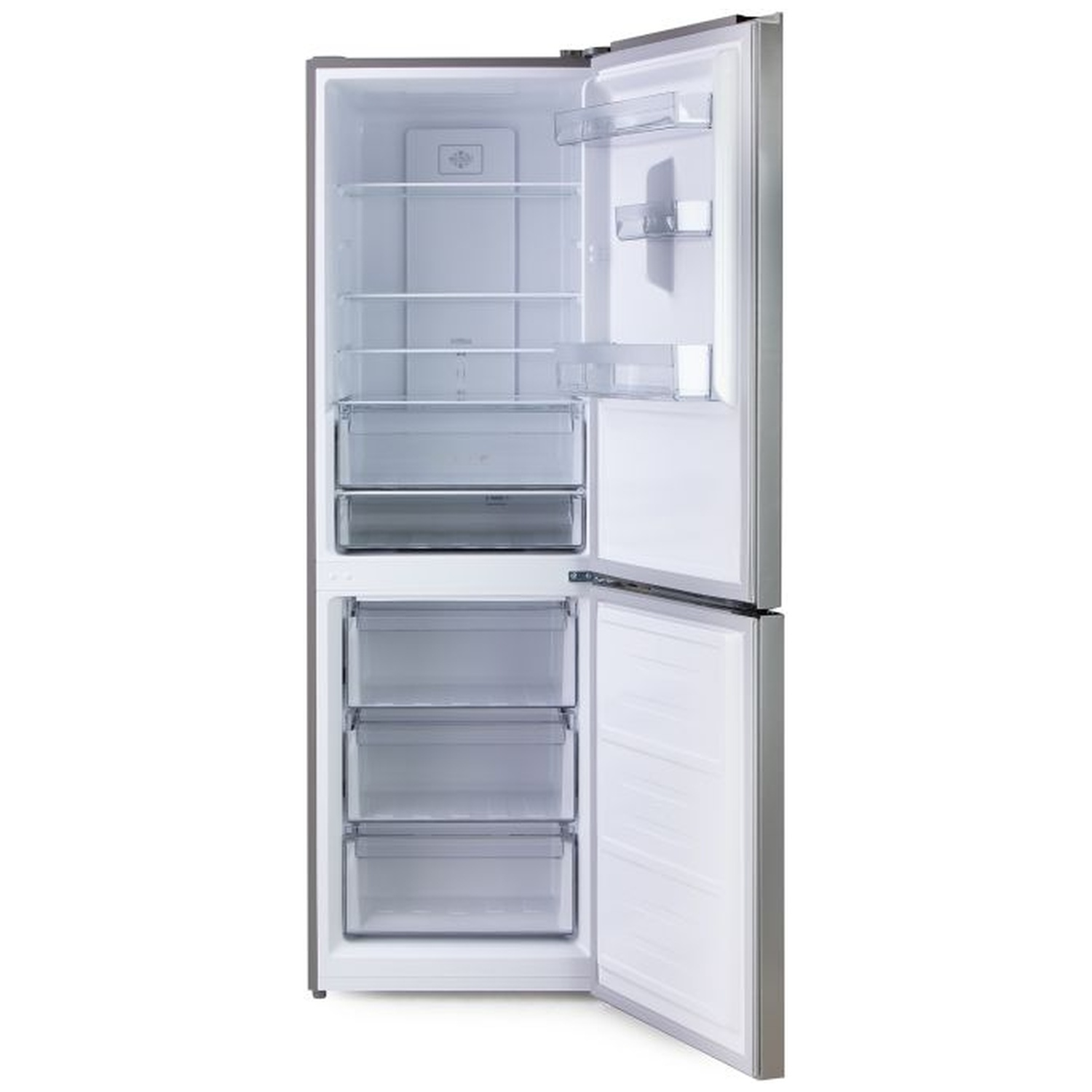 Réfrigérateur ouvert, montrant étagères, tiroirs et compartiments. La porte est ouverte, révélant l'intérieur.