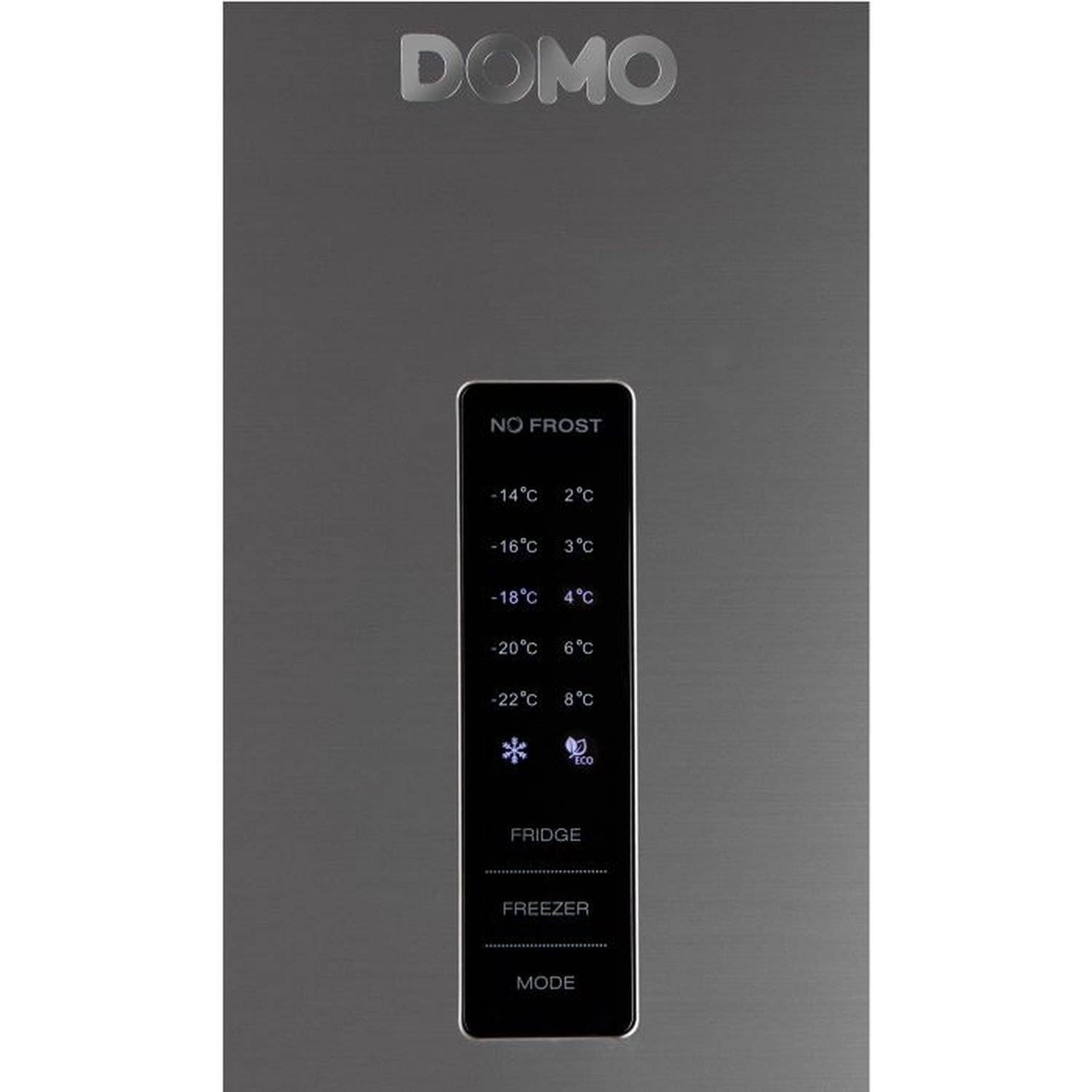Une porte de réfrigérateur en acier inoxydable avec un panneau de contrôle. Il affiche les températures, 'NO FROST', 'FRIDGE', 'FREEZER' et les options 'MODE'.