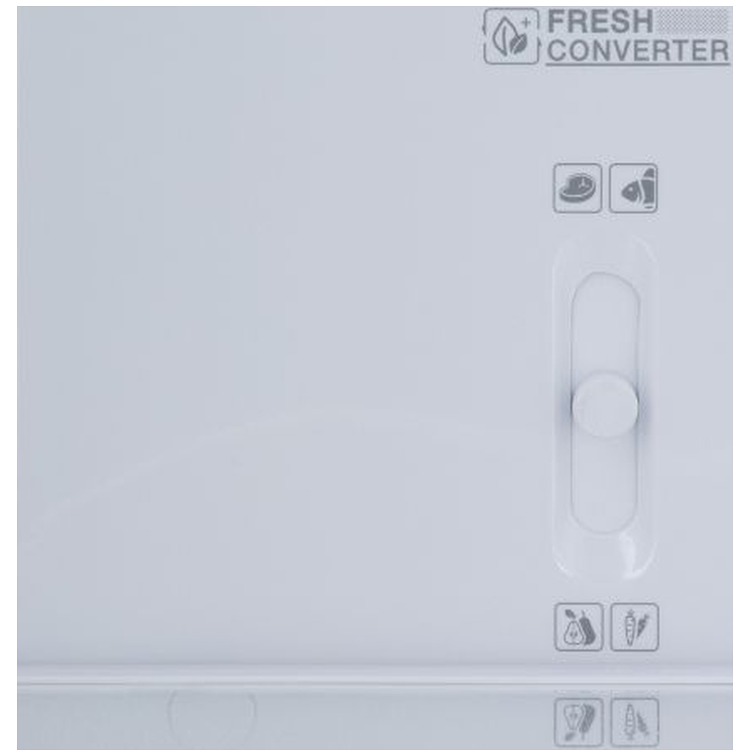 Intérieur de réfrigérateur blanc avec étiquette 'Fresh Converter', bouton de réglage et icônes d'aliments comme viande, poisson, fruits et légumes.