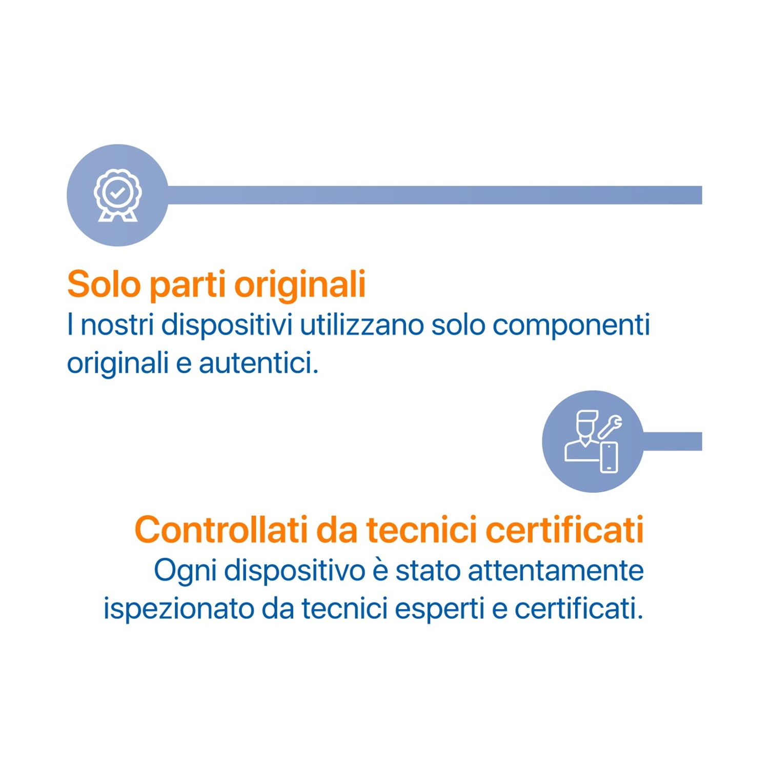 Immagine con testo in italiano: Parti originali e tecnici certificati. Icone di un distintivo e di un tecnico con telefono.
