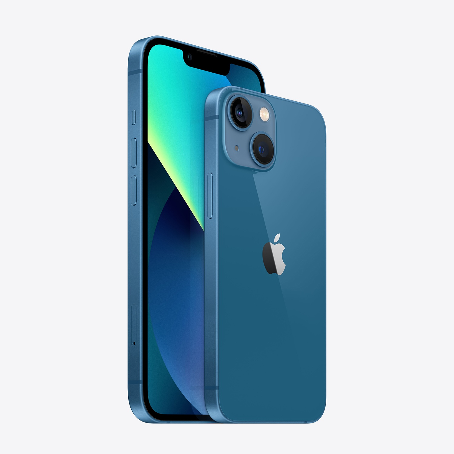 Due modelli blu di iPhone 13. Uno mostra lo schermo, l'altro il retro con il logo Apple e due obiettivi.