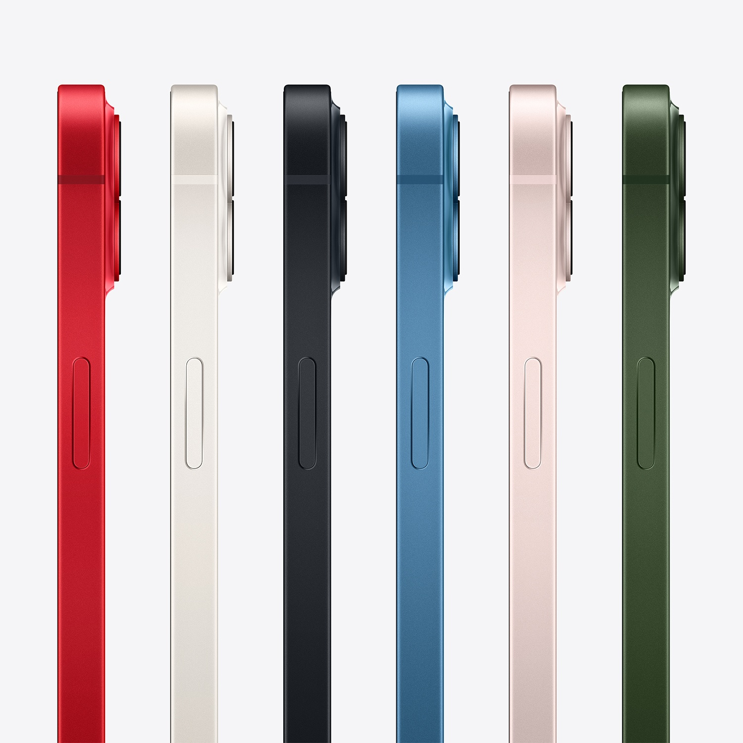 Sei modelli di iPhone 13 Pro in vari colori: rosso, bianco, nero, blu, rosa e verde. Vista laterale, che mostra fotocamera e pulsanti.