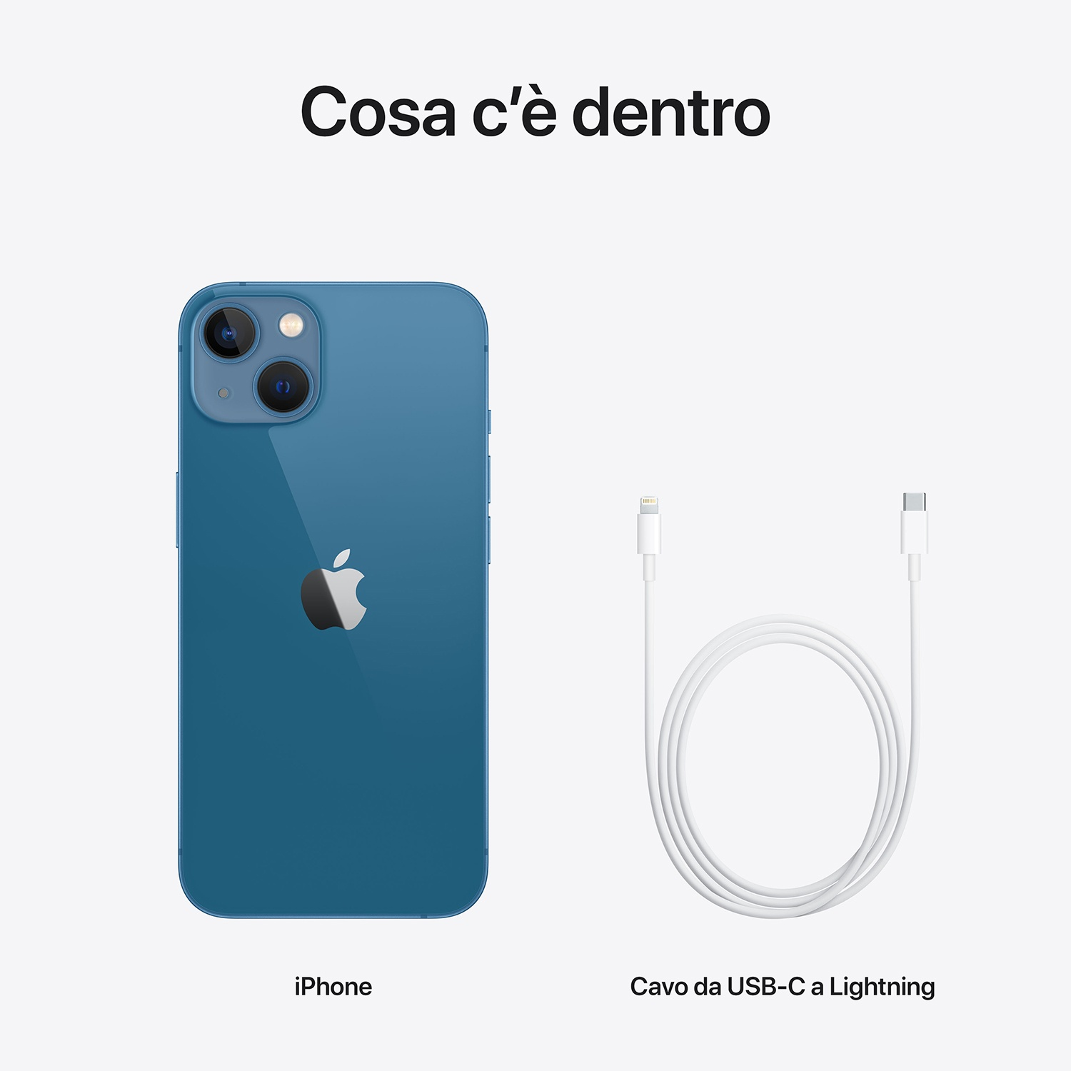 iPhone blu e cavo USB-C a Lightning bianco su sfondo bianco. Testo italiano: 'Cosa c'è dentro'.