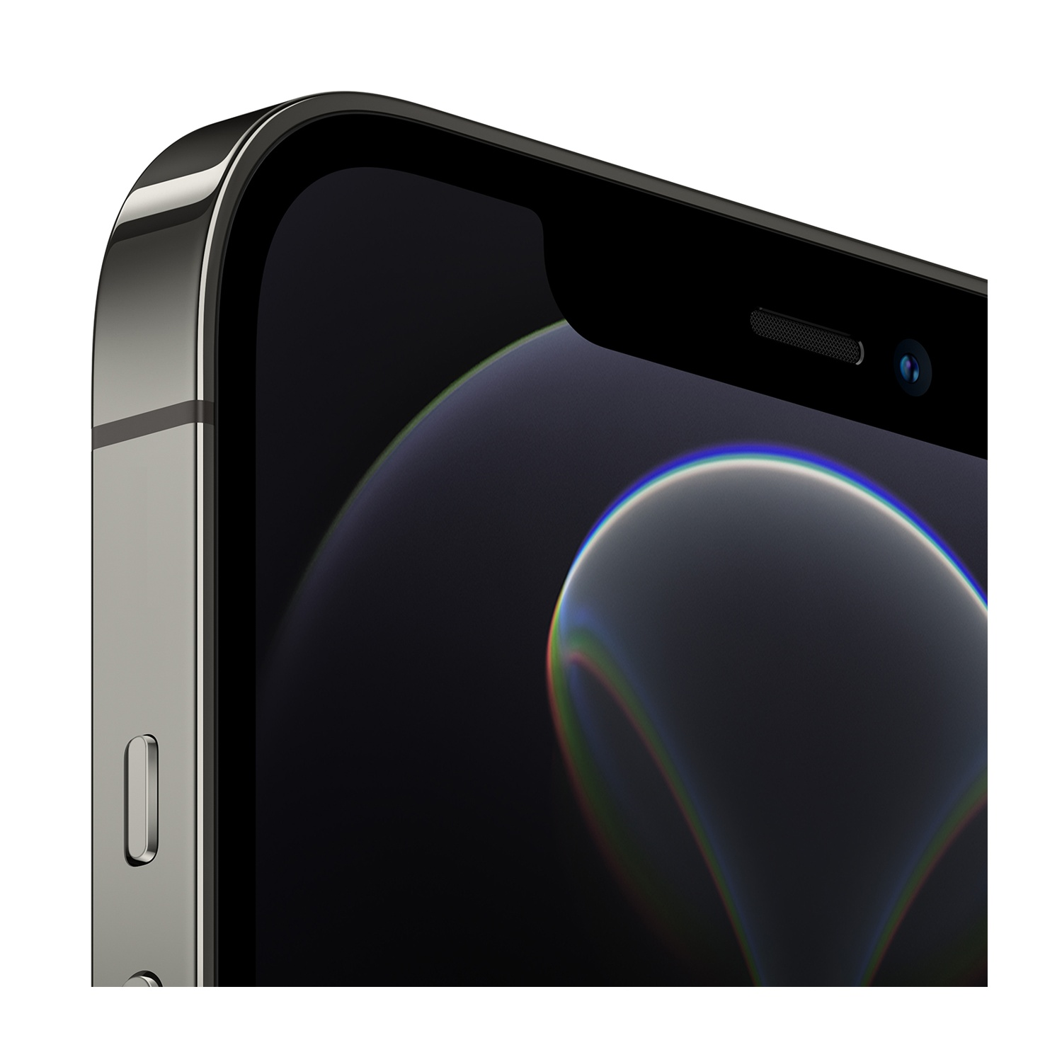 Primo piano di uno smartphone. Lo schermo mostra una sfumatura scura. La cornice del telefono è grigio metallizzato, con un pulsante.