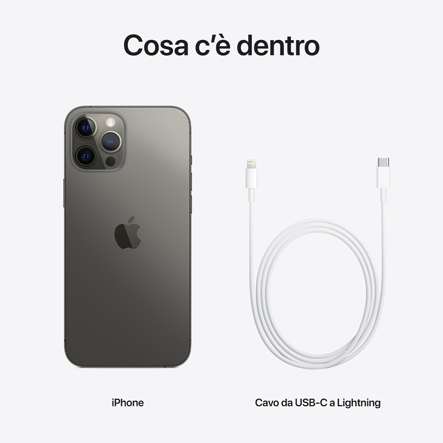 L'immagine mostra un iPhone e un cavo bianco da USB-C a Lightning. L'iPhone è grigio, lo sfondo è bianco.