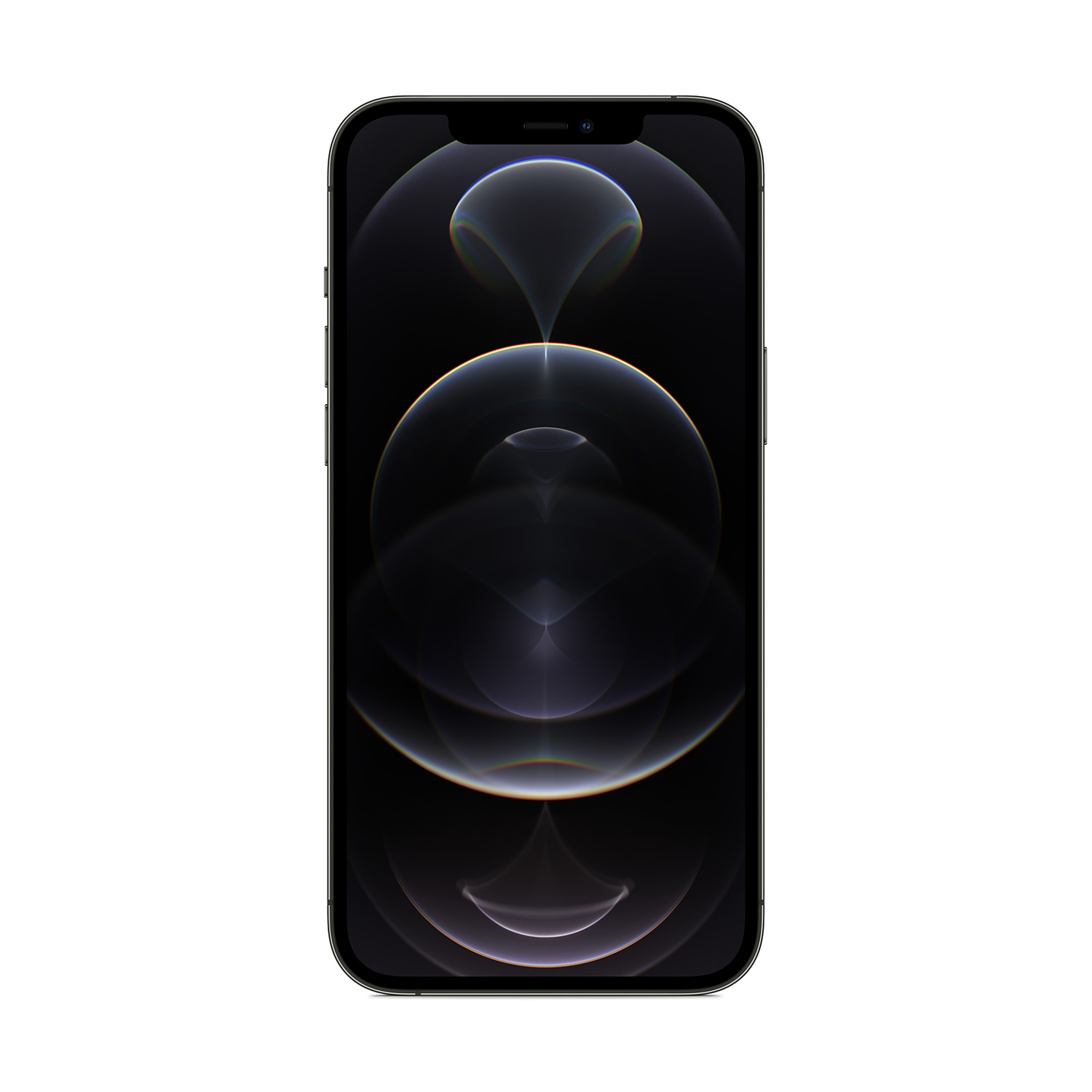 Un iPhone nero mostra un design astratto e luminoso sullo schermo. Il telefono è centrato su uno sfondo bianco.