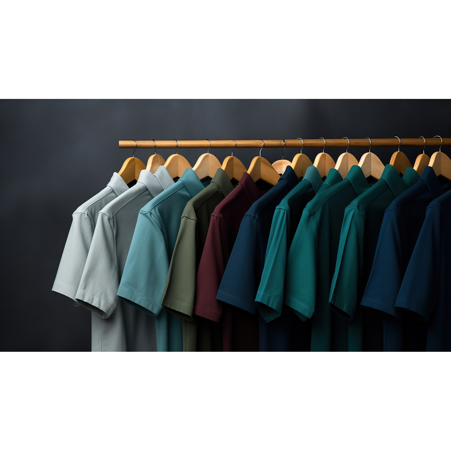 Una fila di polo colorate appese a grucce di legno su uno sfondo scuro, varie sfumature di verde, blu e grigio.