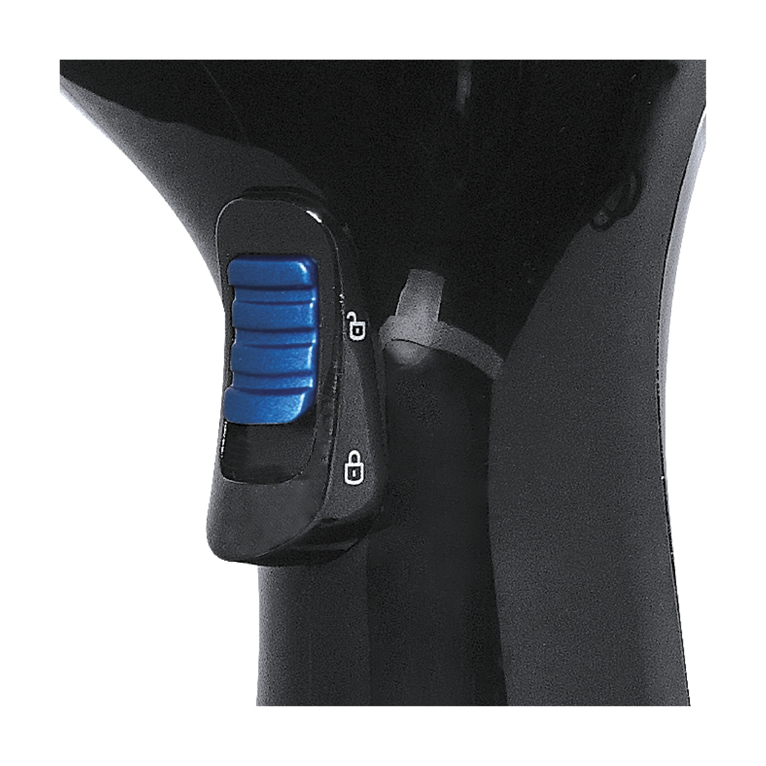 Primo piano di un dispositivo nero con un interruttore blu. L'interruttore ha linee in rilievo. Simboli di blocco visibili. Sfondo bianco.