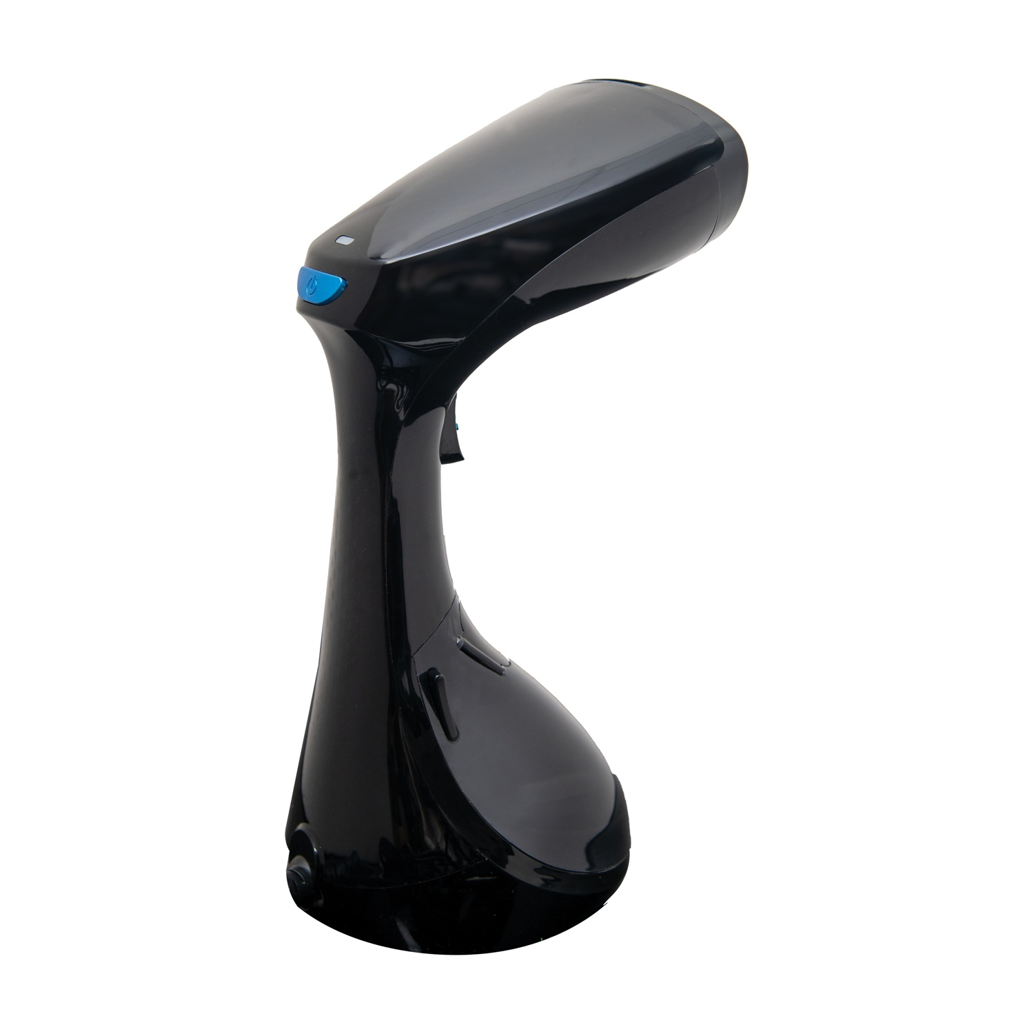 Uno steamer portatile nero per indumenti. Ha un design curvo con un pulsante di accensione blu in alto. Lo sfondo è bianco.