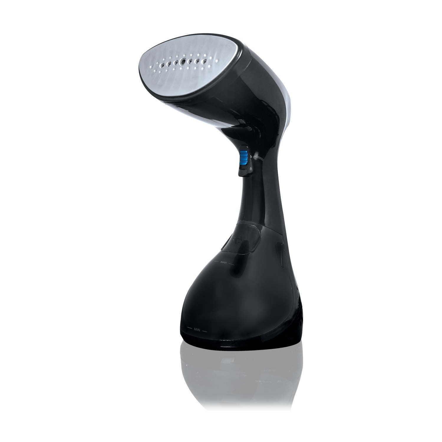 Un vaporizzatore per indumenti portatile nero con testina argentata su sfondo bianco. Ha un pulsante blu e indicatori del livello dell'acqua.