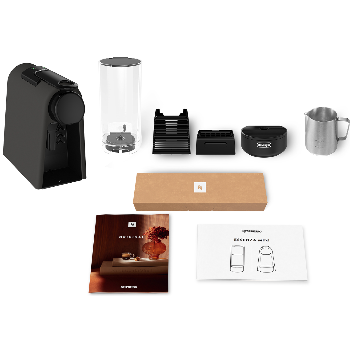 A disassembled black Nespresso machine with components like a water tank, a milk frothing pitcher, and a box, on a white background.