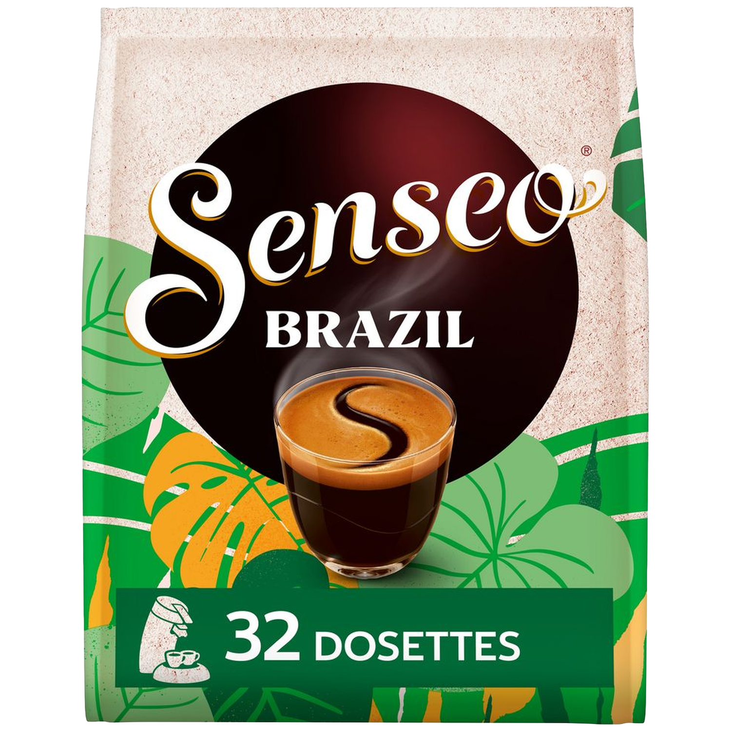 Paquet de café Senseo Brésil. Fond noir avec tasse à café et vapeur. Feuilles vertes et oranges. 32 dosettes.