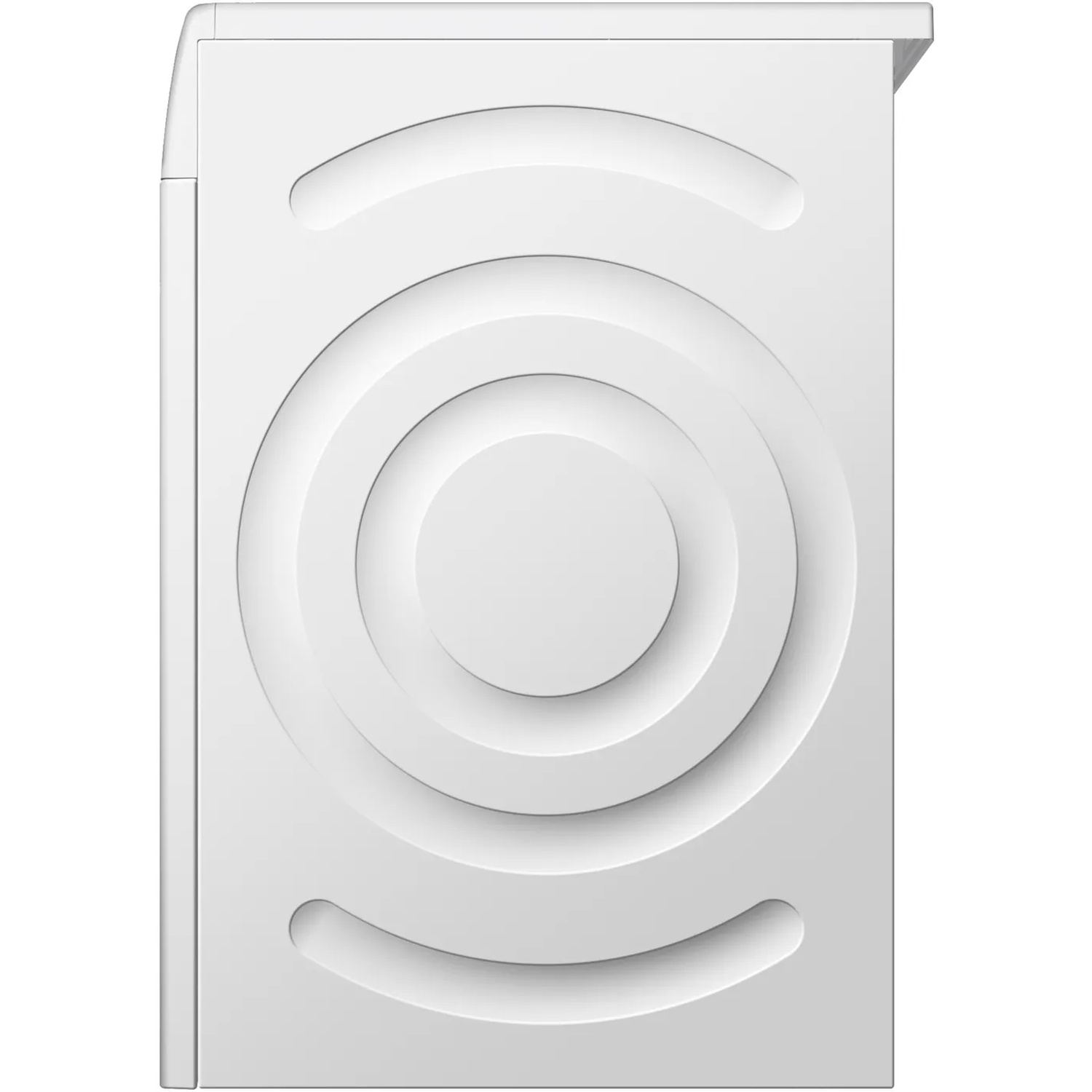 A white washing machine door with circular and arched indentations. The design is minimalist and modern.