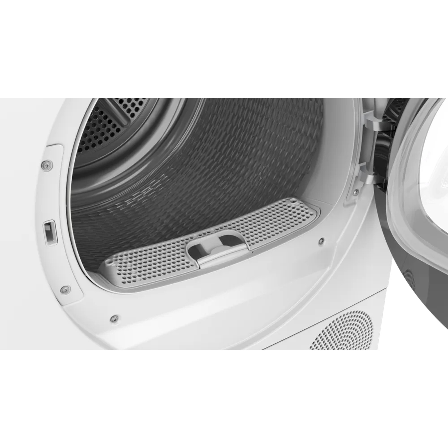 Open dryer door showing interior. Perforated drum, lint filter, and white exterior.