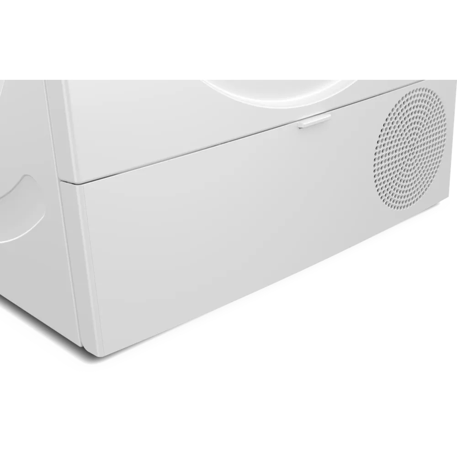 Close-up of a white appliance. A small handle is visible. A circular grill with small holes is on the right side.