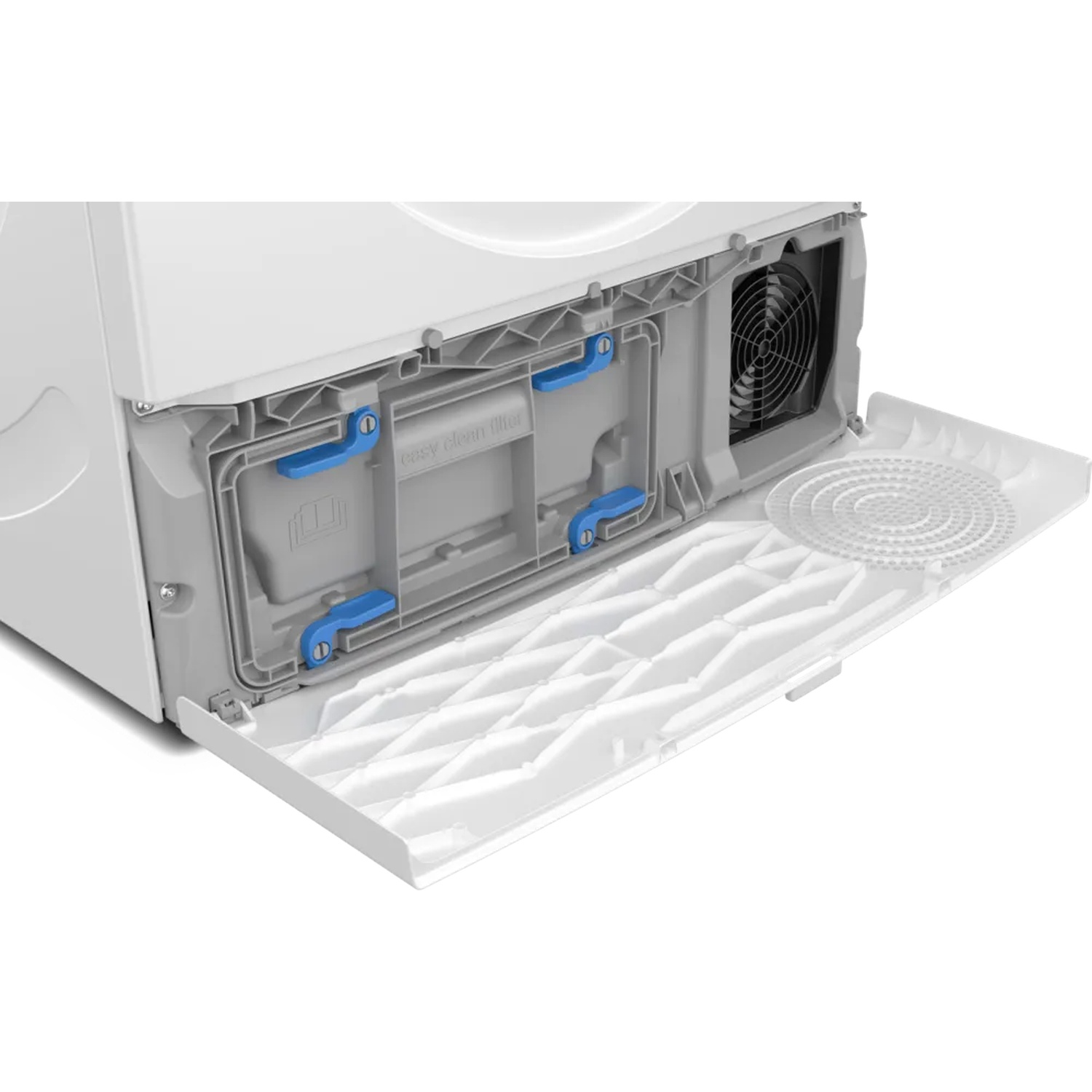 Close-up of a white washing machine component. The open panel reveals a filter, blue latches, and a fan. The background is white.