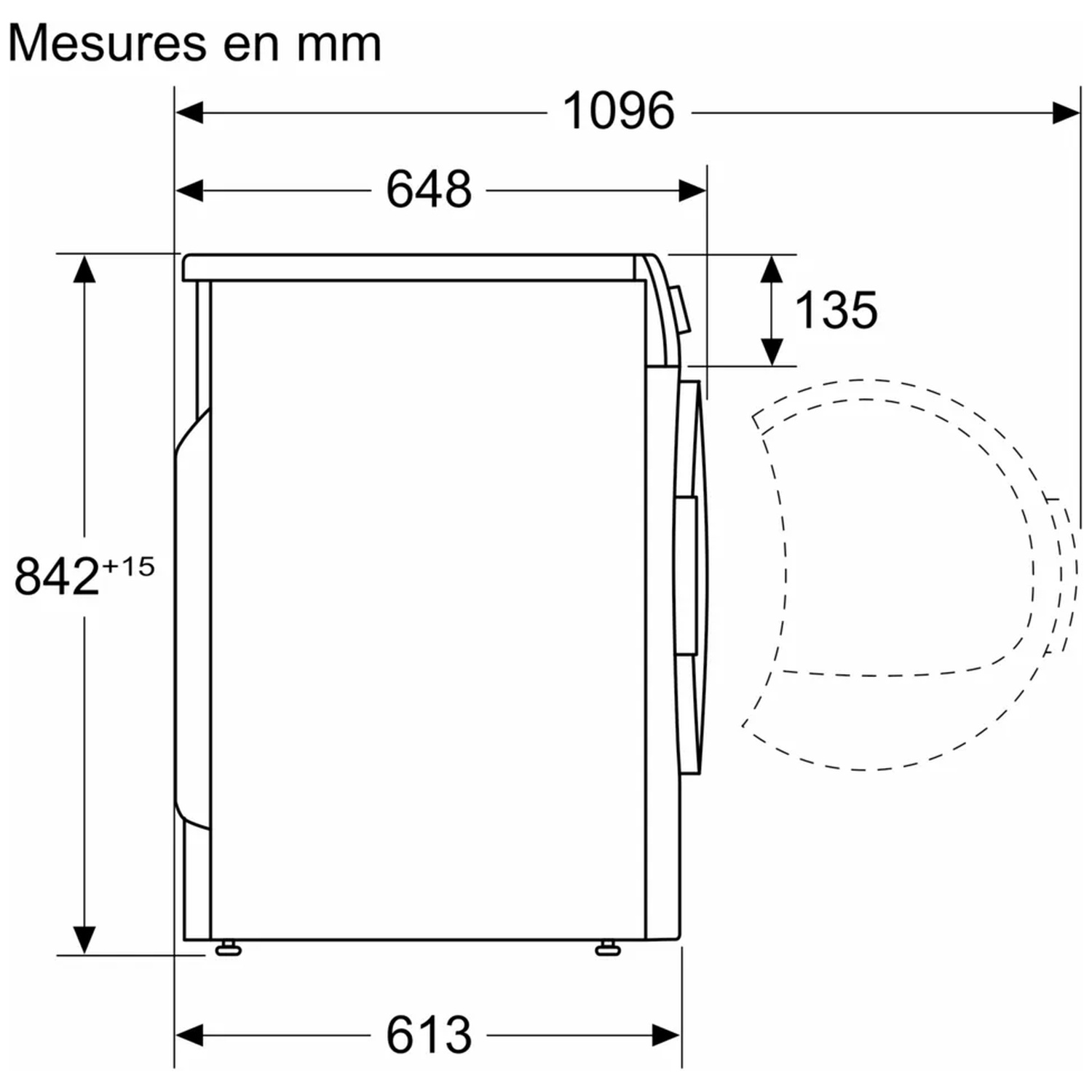 Side view of a washing machine with dimensions in mm. Measurements include height, width, and depth, with a dashed door arc.