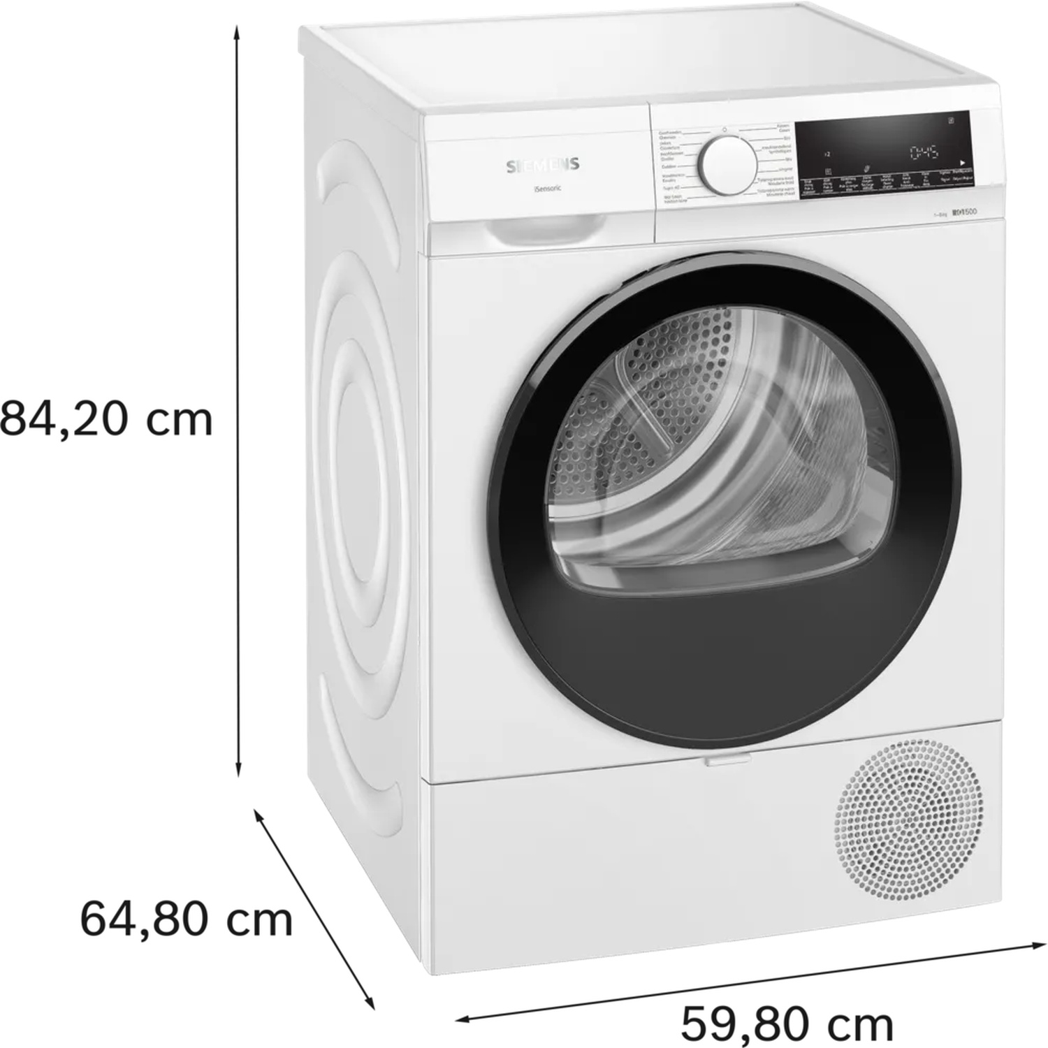 A white Siemens dryer with a black door, control panel, and dimensions labeled. The dryer is on a white background.
