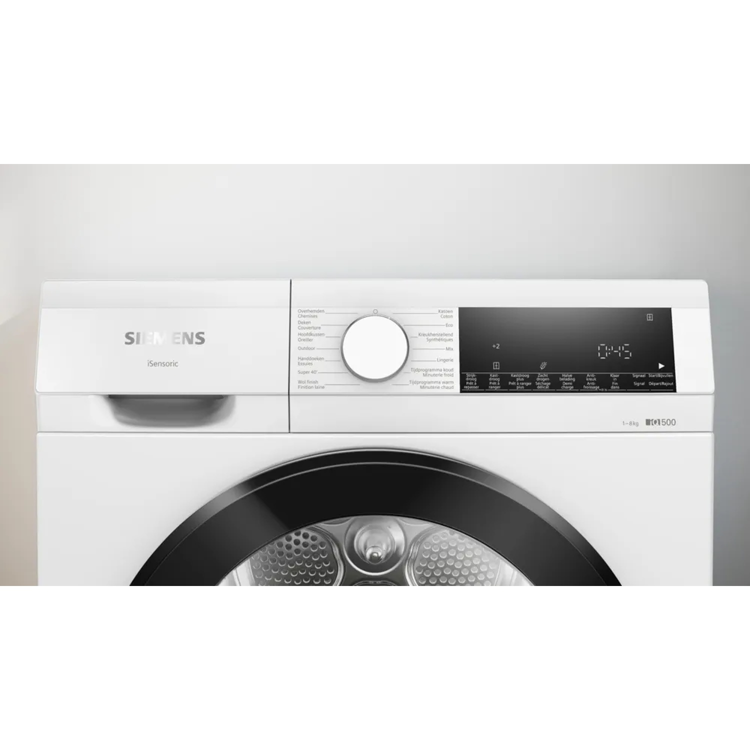 A white Siemens dryer with a black door. It has a control panel with settings and a digital display showing the remaining time.