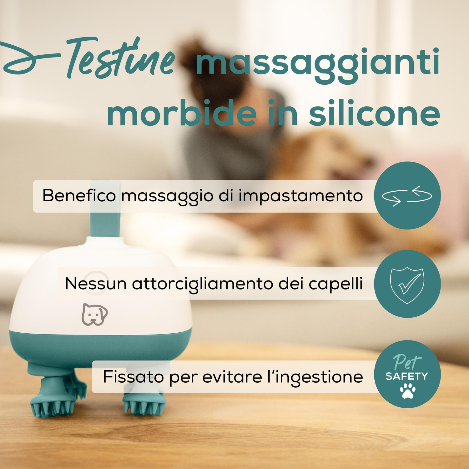 Uno strumento per la toelettatura degli animali domestici con testo in italiano. Ha un design bianco e verde acqua. Il testo include 'silicone morbido' e 'sicurezza per animali'.