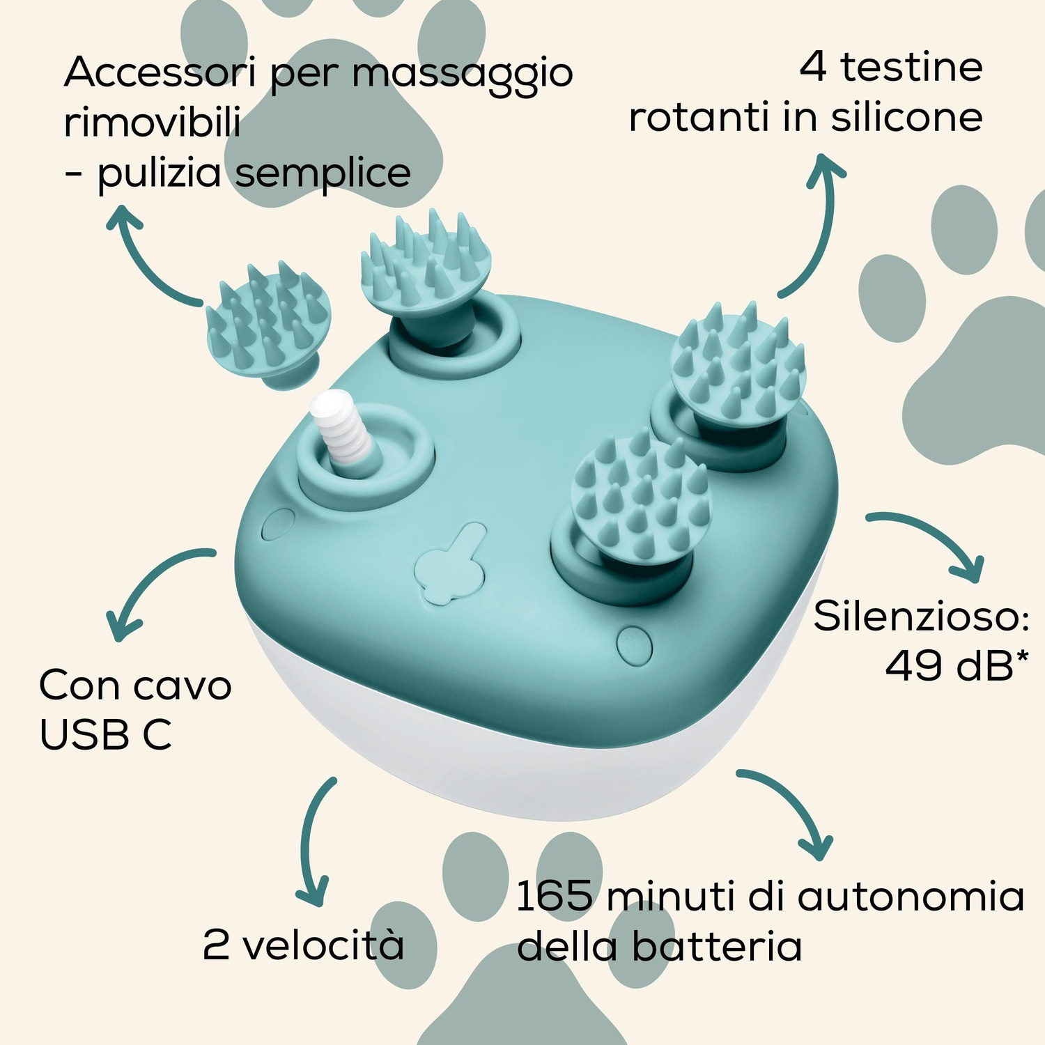 Un dispositivo di massaggio turchese con quattro testine rotanti in silicone. Include USB-C, due velocità e 165 minuti di batteria.
