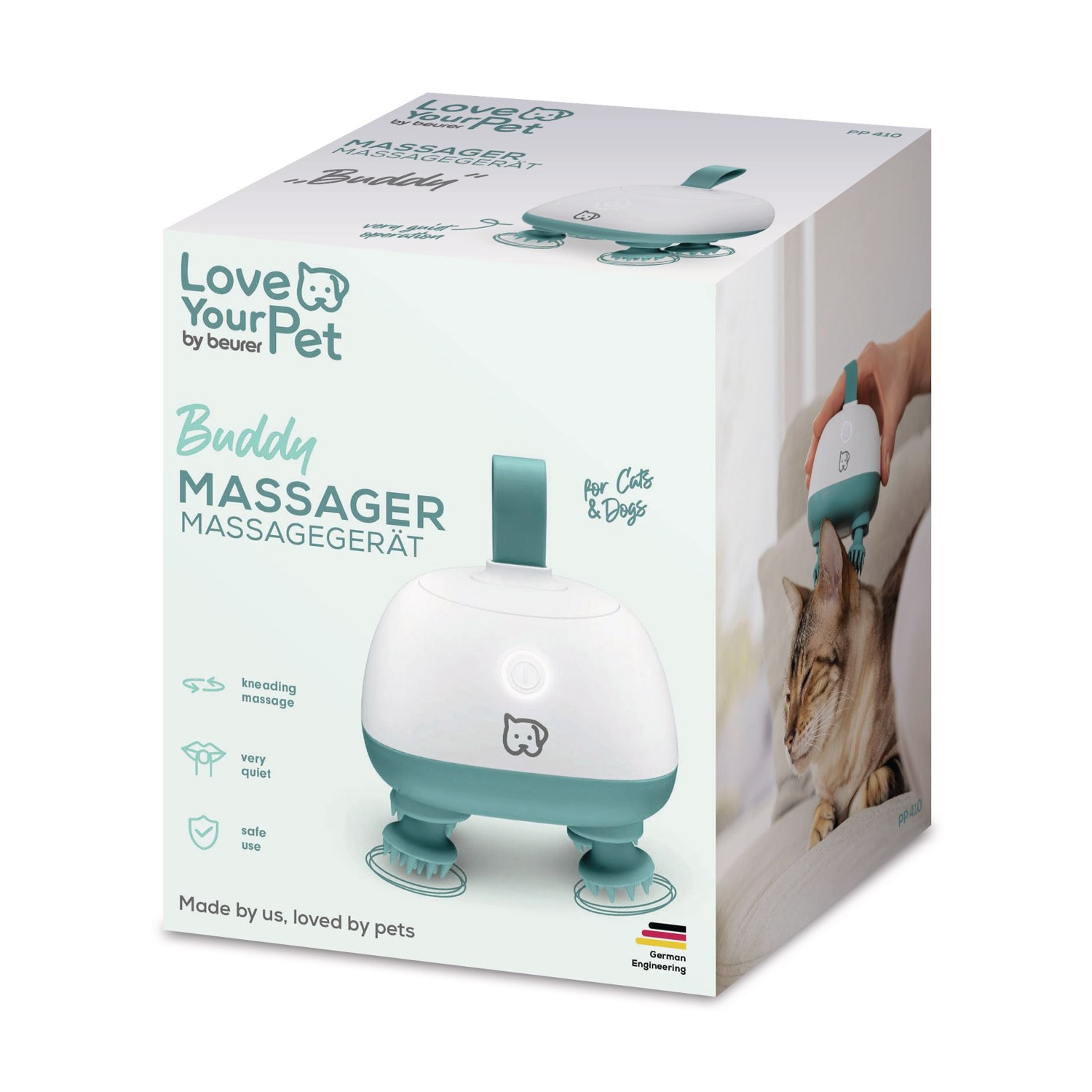 La scatola mostra un massaggiatore per animali domestici con un gatto che viene massaggiato. Il massaggiatore è bianco e verde acqua, con la scritta Buddy massager.