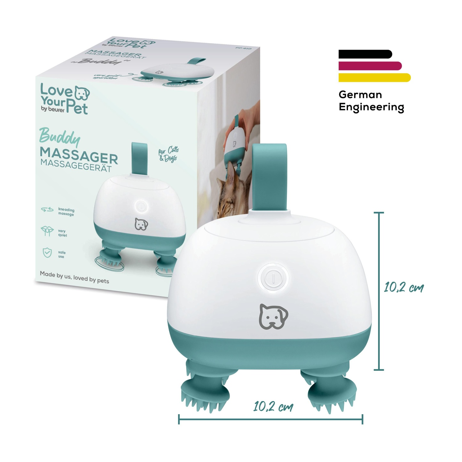 Un massaggiatore per animali domestici bianco e verde acqua con dimensioni, mostrato con la sua confezione e il testo: Love Your Pet, Buddy Massager.