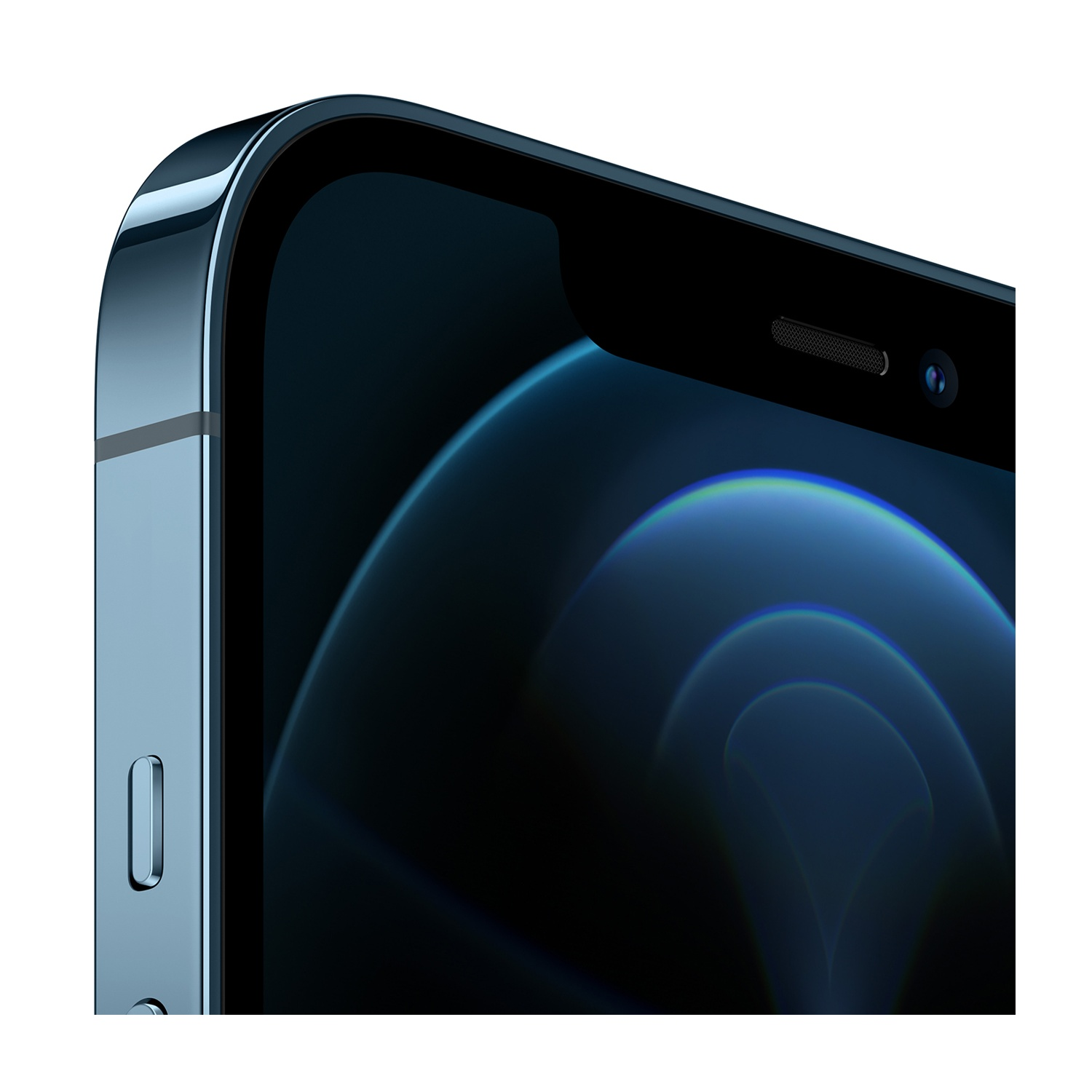 Primo piano di uno smartphone blu. Lo schermo mostra una sfumatura blu scuro. Il lato del telefono presenta un pulsante del volume e una fotocamera.