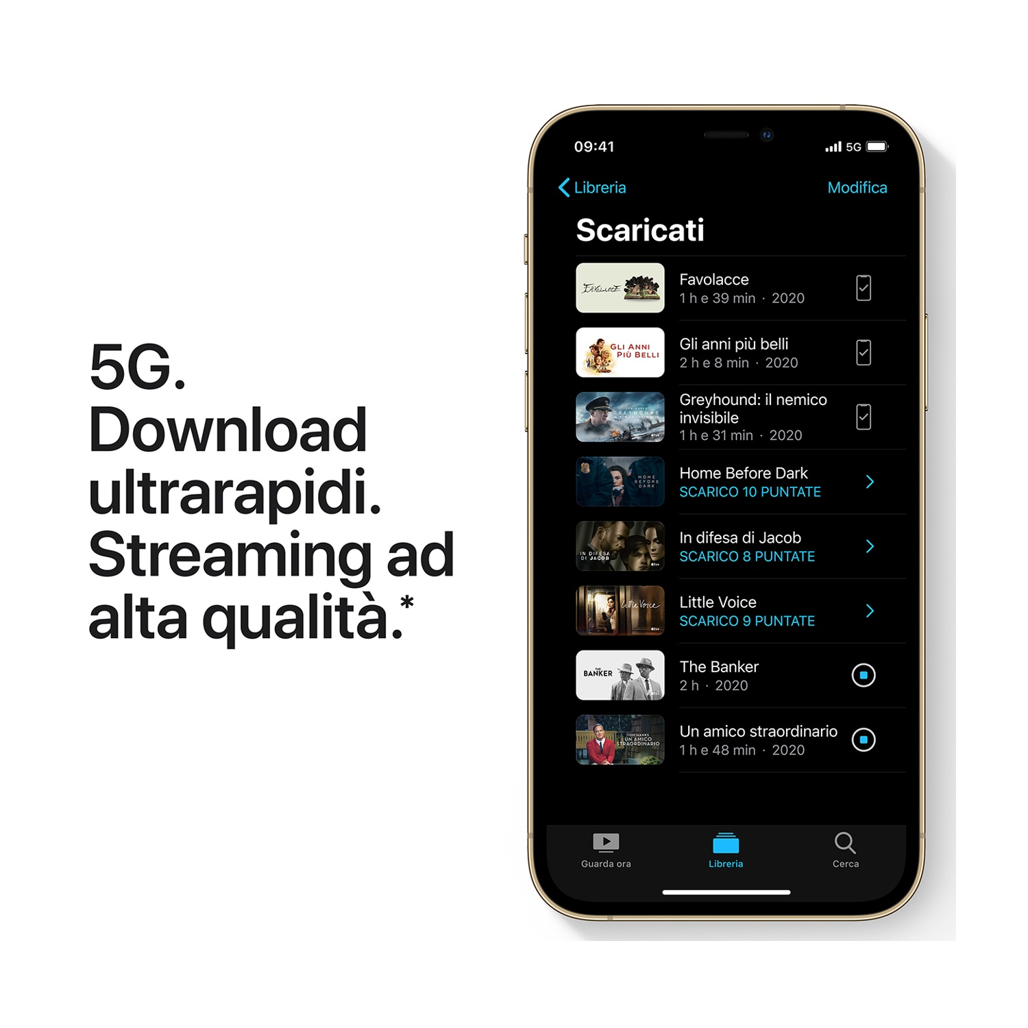 Schermo iPhone con app di streaming e lista film. 5G Download ultrarapidi.