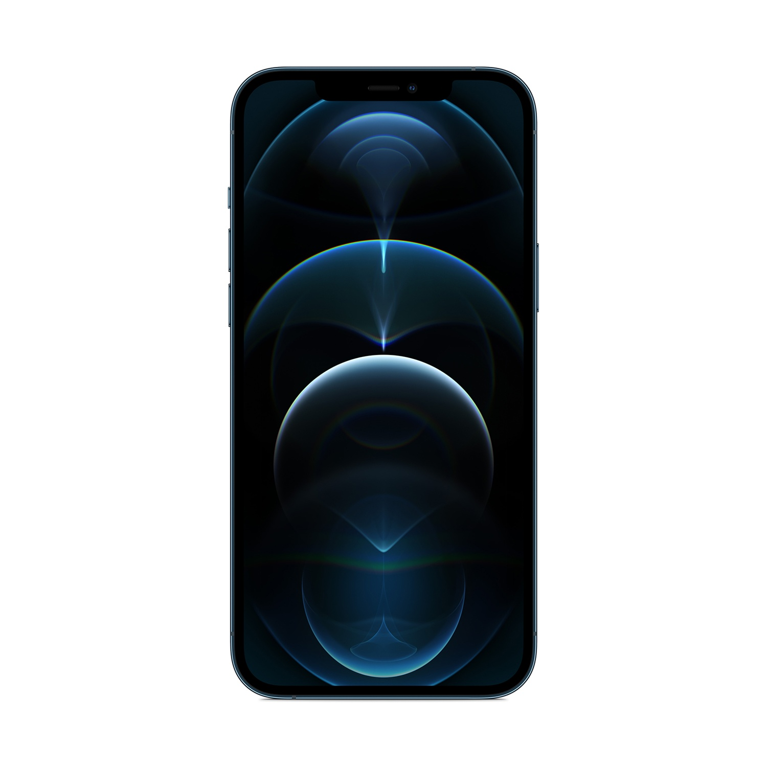 Uno smartphone con cornice blu mostra un'immagine astratta blu scuro su sfondo bianco. Il telefono è centrato.