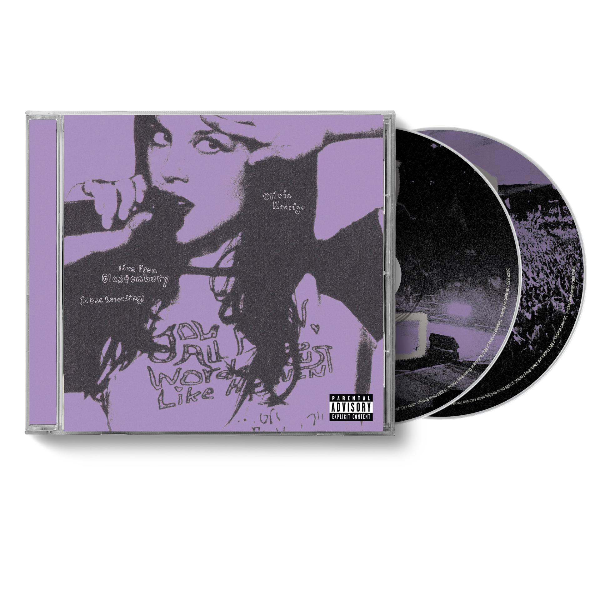 CD-Hülle mit Olivia Rodrigo-Album. Das Cover zeigt sie singend in Lilatönen. Zwei CDs sind rechts sichtbar.