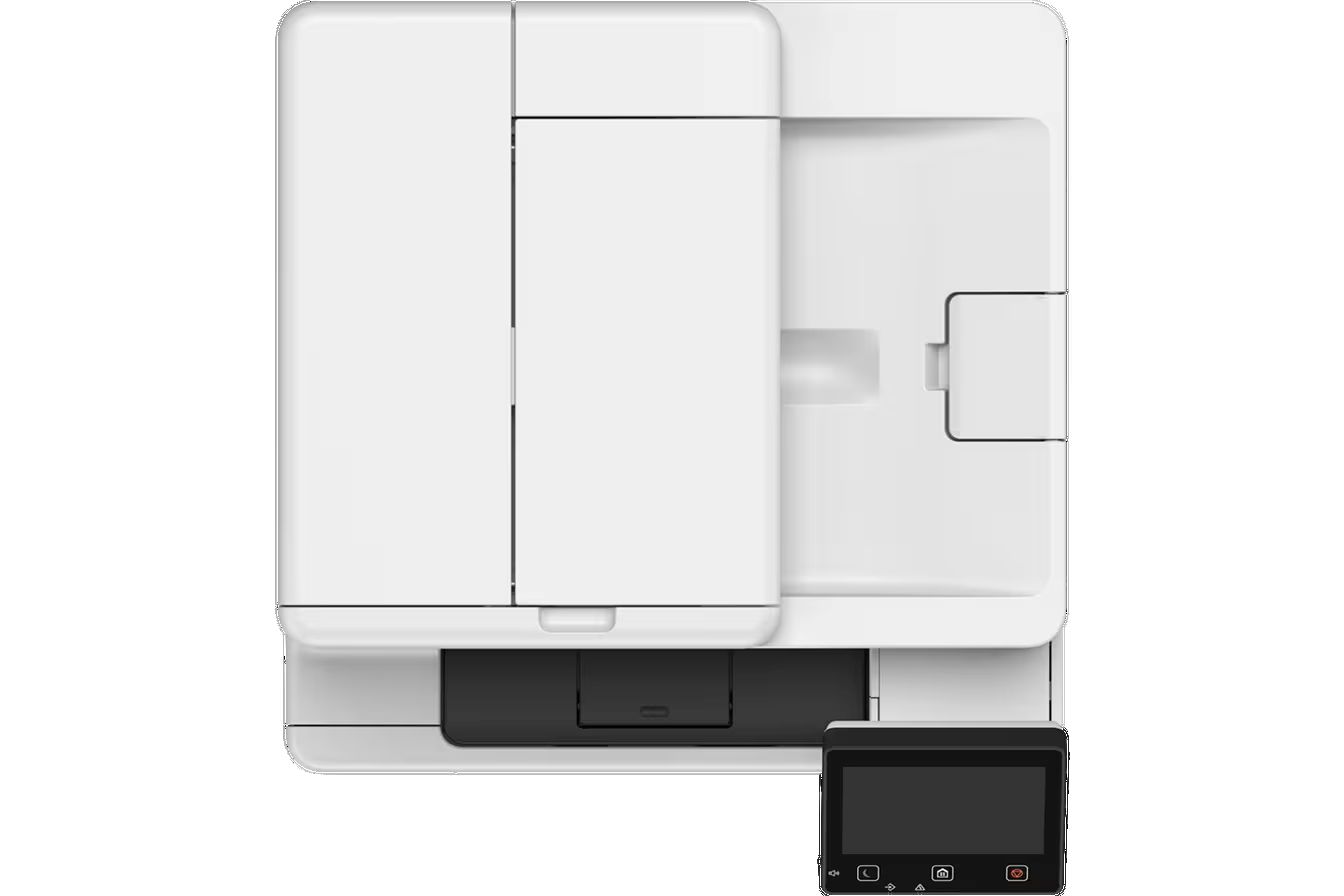 Ein weißer Drucker mit einem schwarzen Bedienfeld unten. Das Feld hat einen Bildschirm und mehrere Knöpfe.