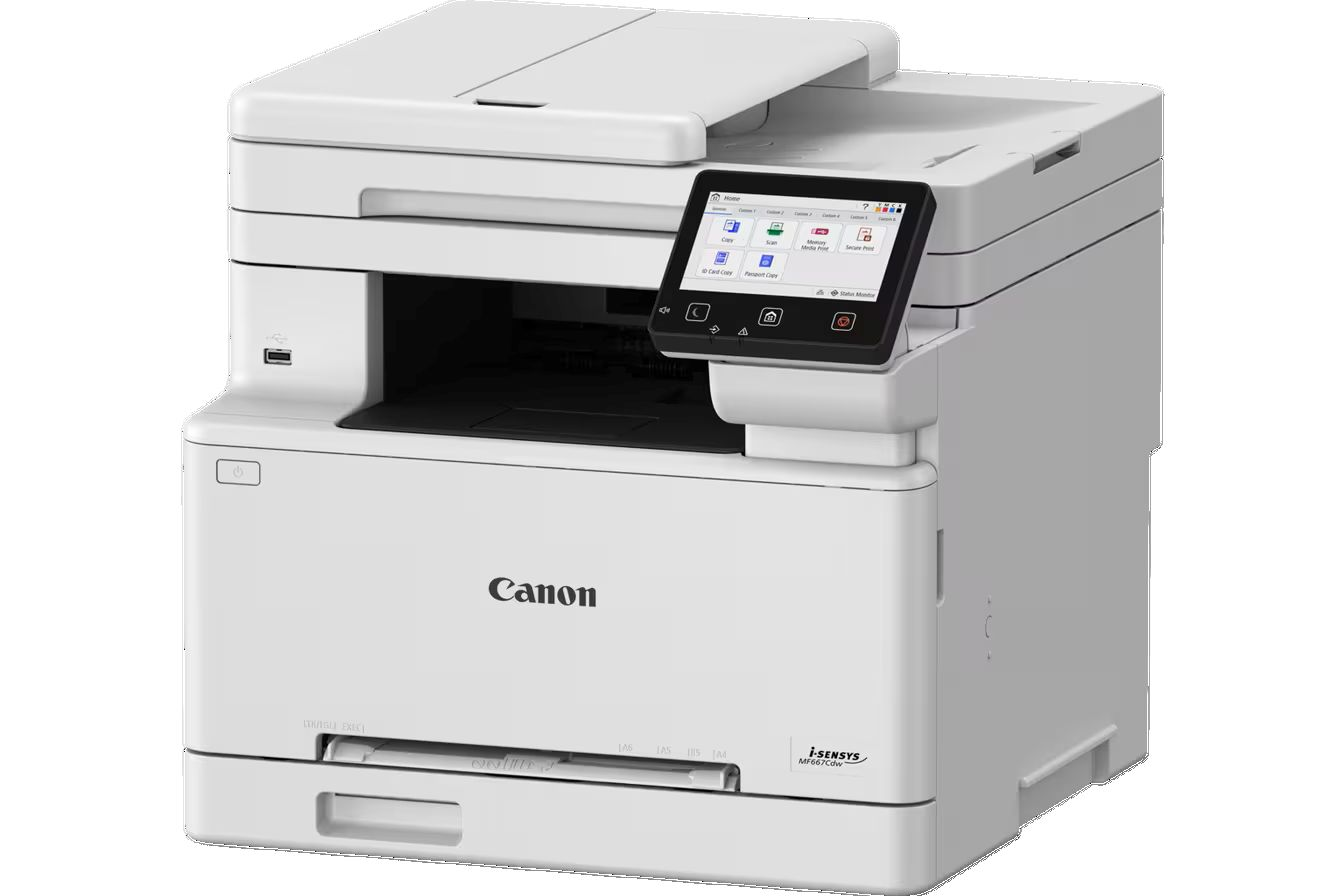 Ein weißer Canon i-SENSYS MF667Cdw Drucker wird angezeigt. Er hat einen Touchscreen, ein Papierfach und das Canon-Logo.