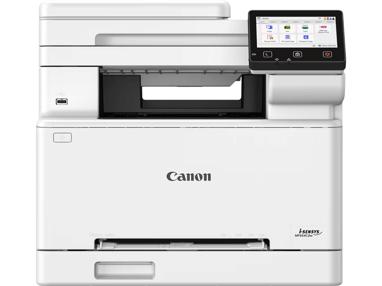 Ein weißer Canon i-SENSYS MF664Cdw Multifunktionsdrucker. Er hat einen Touchscreen, einen USB-Anschluss und verschiedene Tasten.