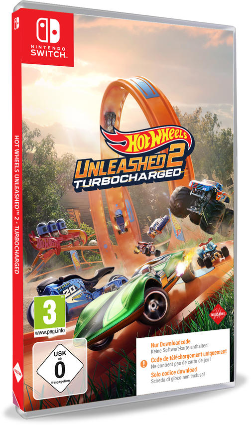 Spielcover von Hot Wheels Unleashed 2: Turbocharged. Autos rasen auf einer Strecke, mit Logo und Switch-Branding.
