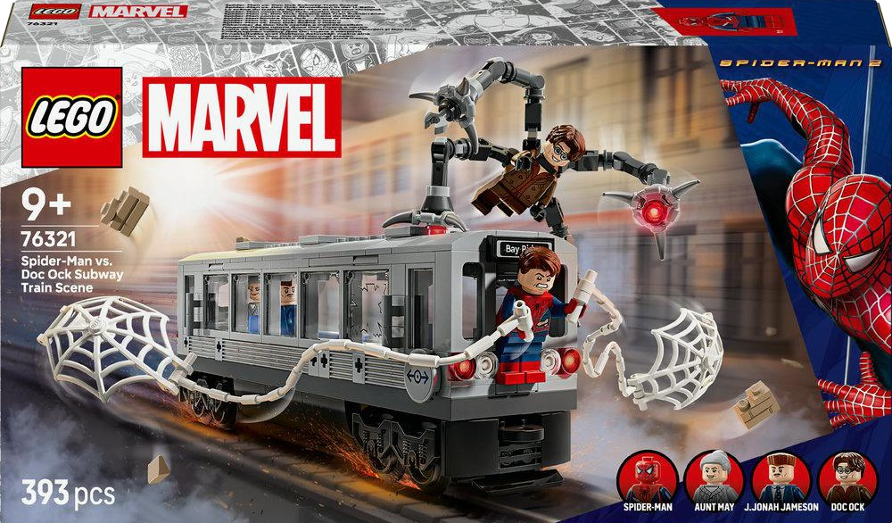 Lego Marvel Set. Spider-Man und Doc Ock auf einer U-Bahn. Enthält Figuren und Web-Zubehör. Bunte Box-Art.
