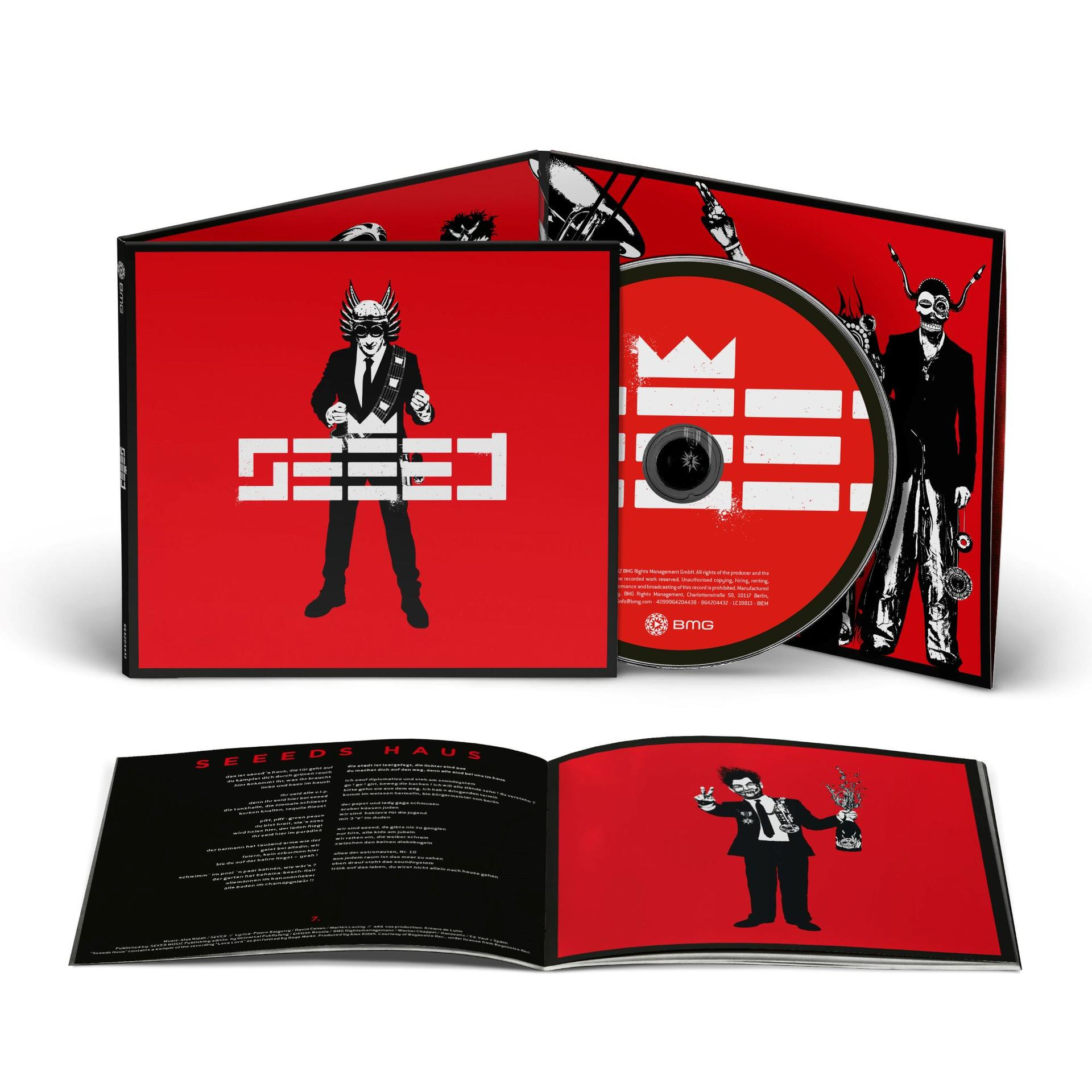 CD-Cover. Roter Hintergrund mit einer Figur in Anzug und Maske. Das Wort SEED ist weiß geschrieben.