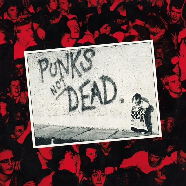 A kép egy tömeget mutat egy graffitivel borított fallal, amelyen a 'Punks Not Dead' felirat látható. Egy személy egy táblát tart.