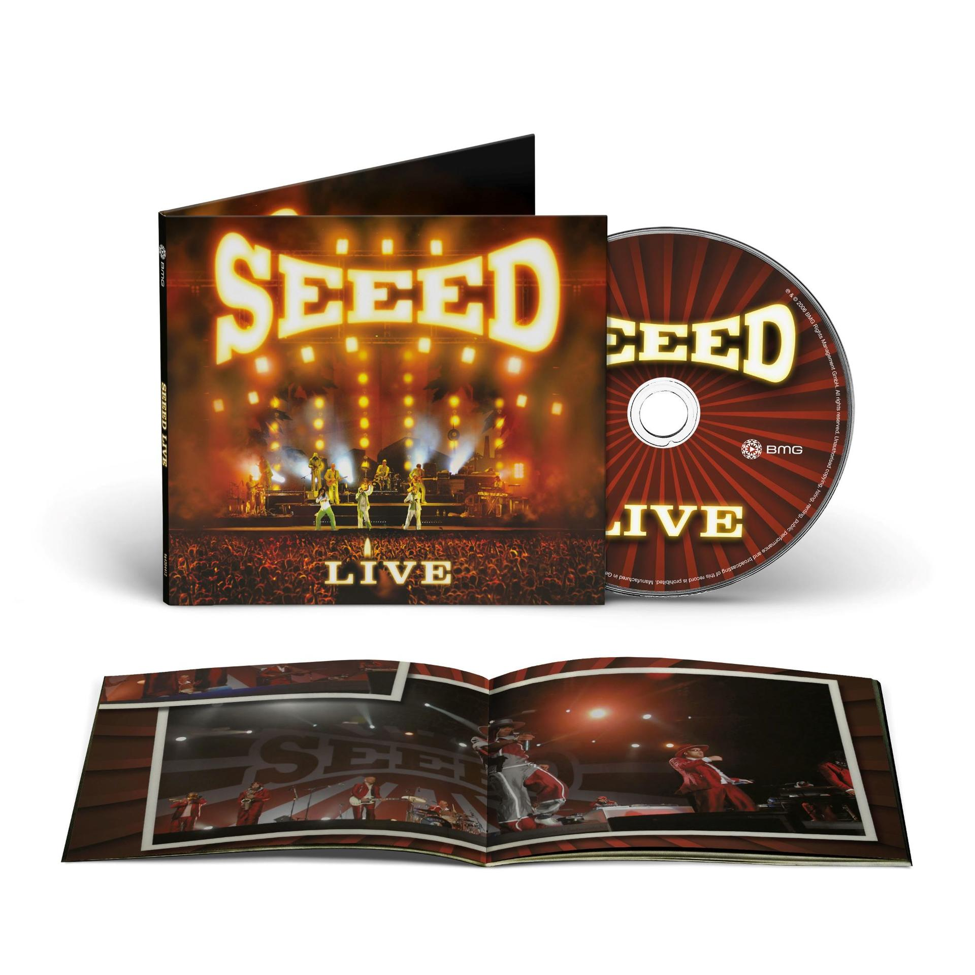CD-Hülle und -Scheibe. Das Cover zeigt ein Live-Konzert mit dem Wort 'SEEED' und 'LIVE'. Die Scheibe ist rot und schwarz.