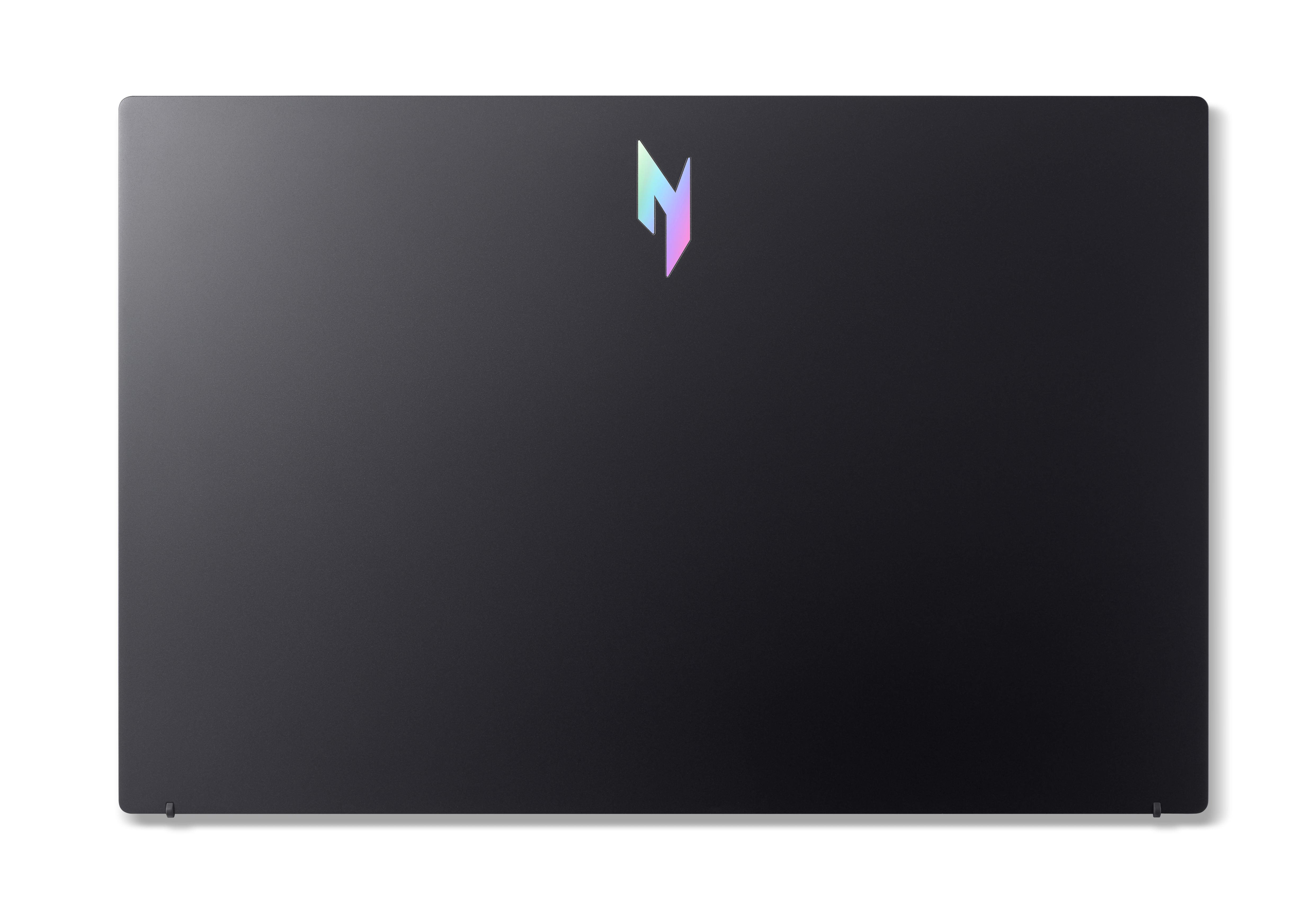 Schwarzer Laptopdeckel mit farbenfrohem Logo in der Mitte. Weißer Hintergrund. Unterer Rand hat eine kleine Lasche.