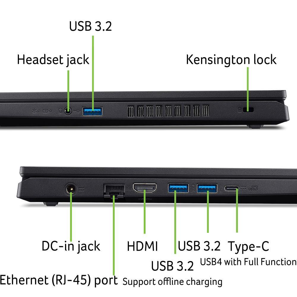 Seitenansicht des Laptops mit Anschlüssen: Kopfhöreranschluss, USB, Kensington-Schloss, DC-in, HDMI, Ethernet, USB und Type-C.