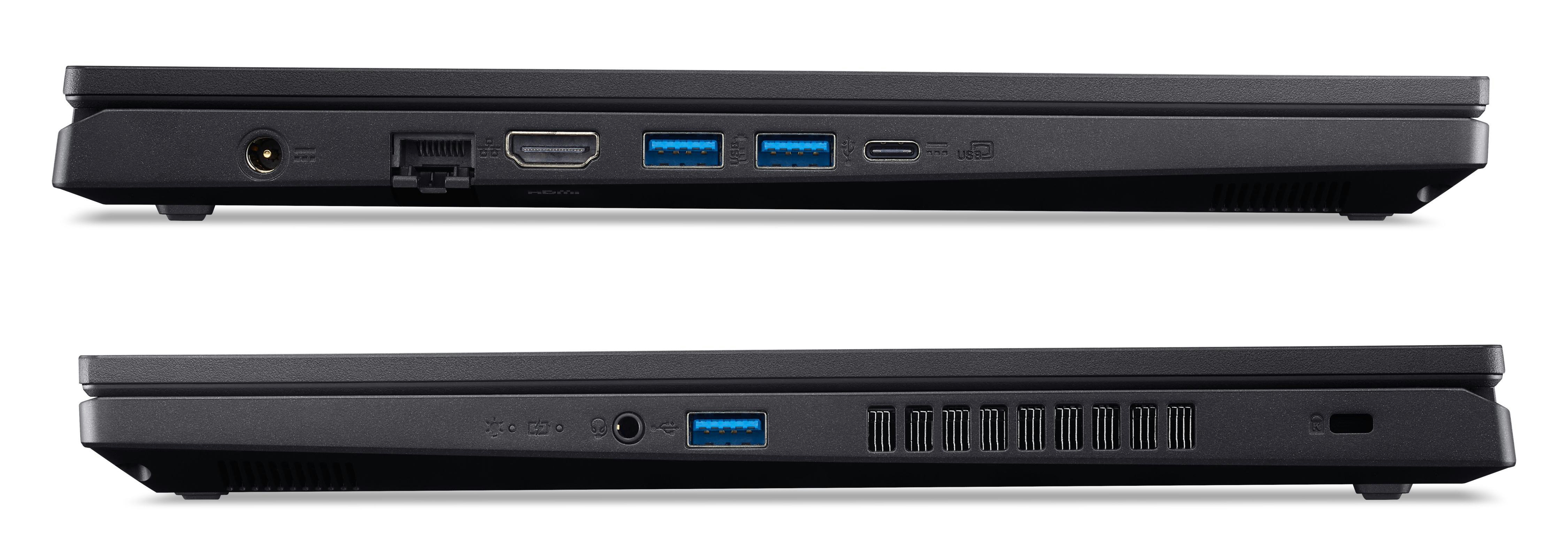 Schwarze Laptopseiten mit Anschlüssen: Strom, Ethernet, HDMI, USB, USB-C, USB, Audio und Lüftungsschlitzen. Weißer Hintergrund.