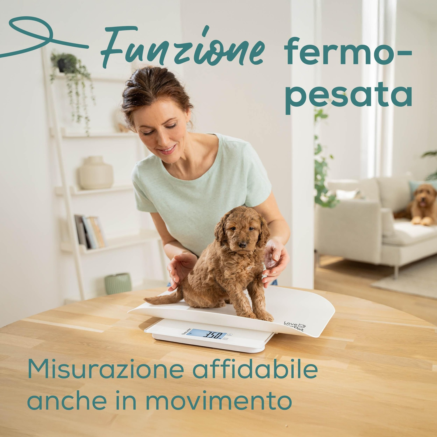 Una donna pesa un cucciolo su una bilancia bianca. La bilancia indica 350. Un altro cane è sullo sfondo.