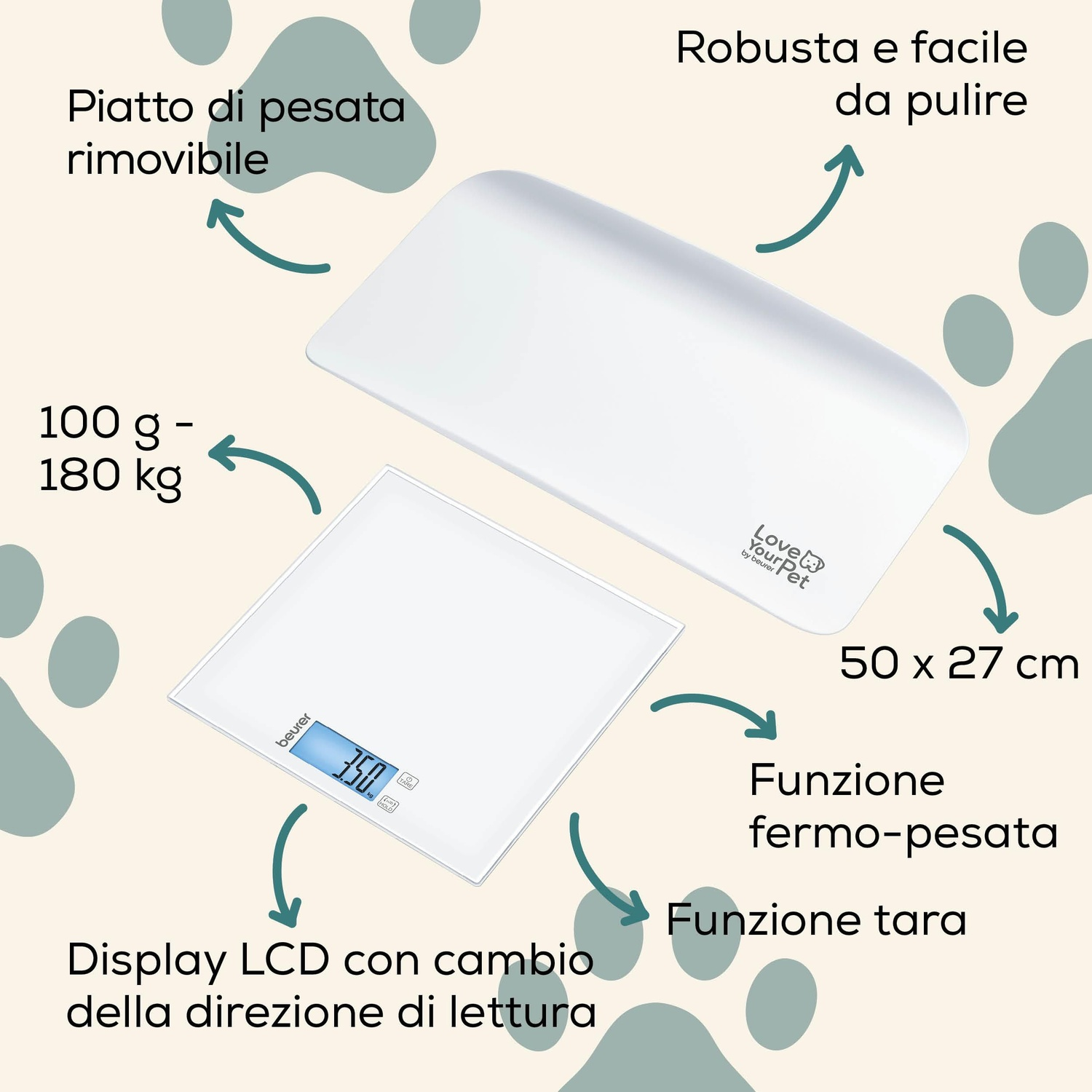 Una bilancia bianca per animali domestici con piatto di pesata rimovibile. Ha un display LCD che mostra 3,50. Include funzioni tara e hold.