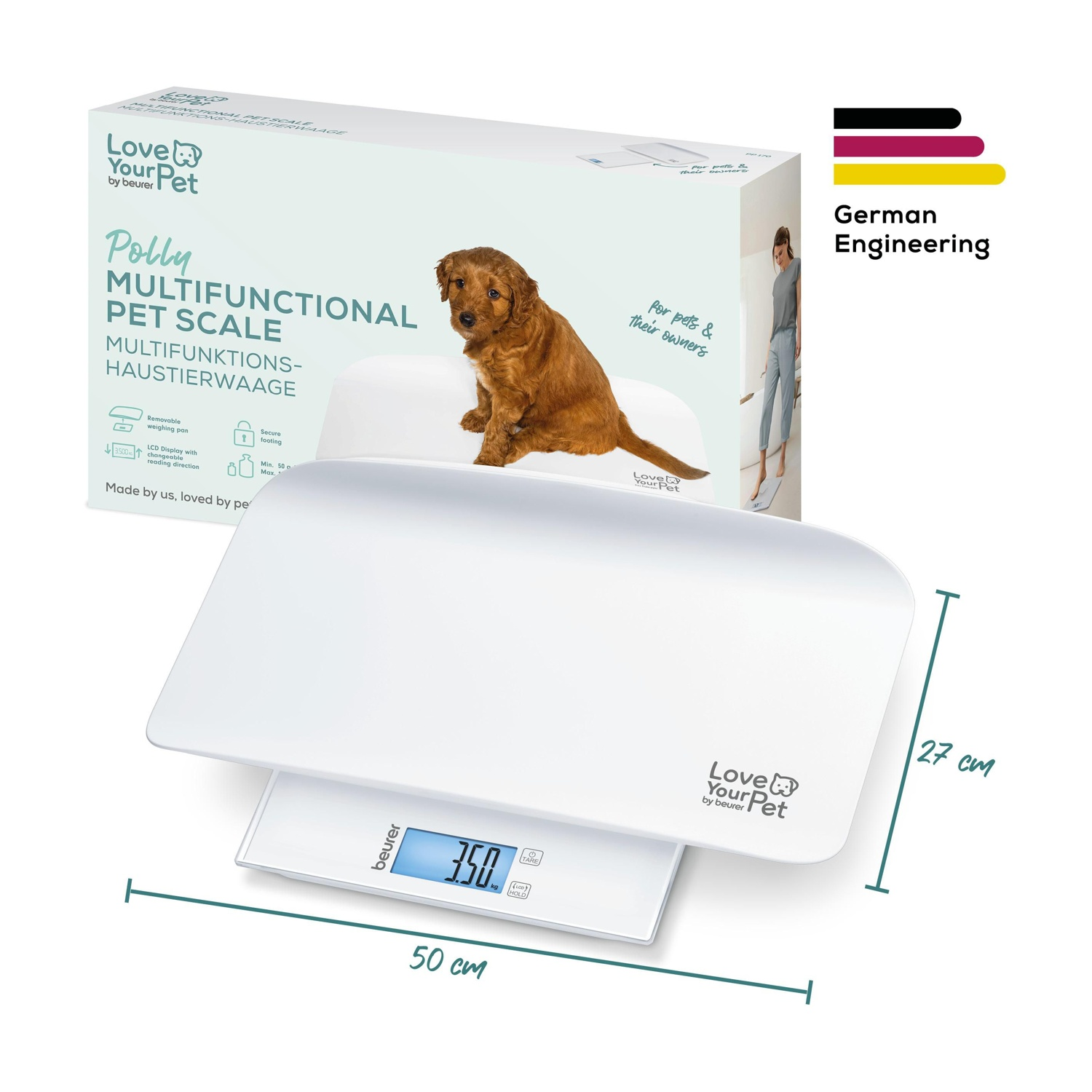 Una bilancia per animali domestici con un cucciolo sopra. Dice 'Polly Bilancia Multifunzionale per Animali'. Dimensioni: 50 cm x 27 cm.