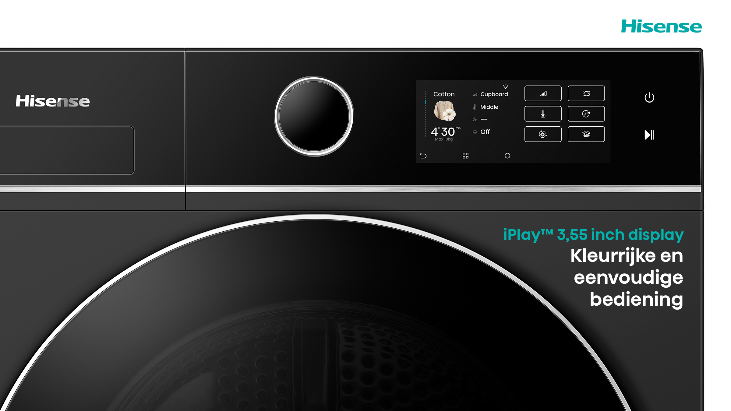A black Hisense washing machine. It has a display showing settings. The door is round with text saying iPlay 3.55 inch display.
